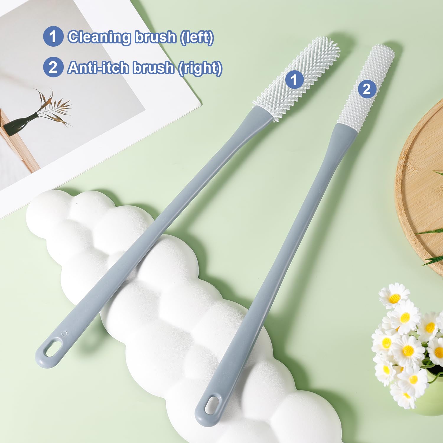 NQEUEPN 2pcs Toe Seam Massage Brush Set, Long Handle Foot Scrubber, Soft Rubber, Grey, Model 21005, Ideal for Seniors, Men & Women