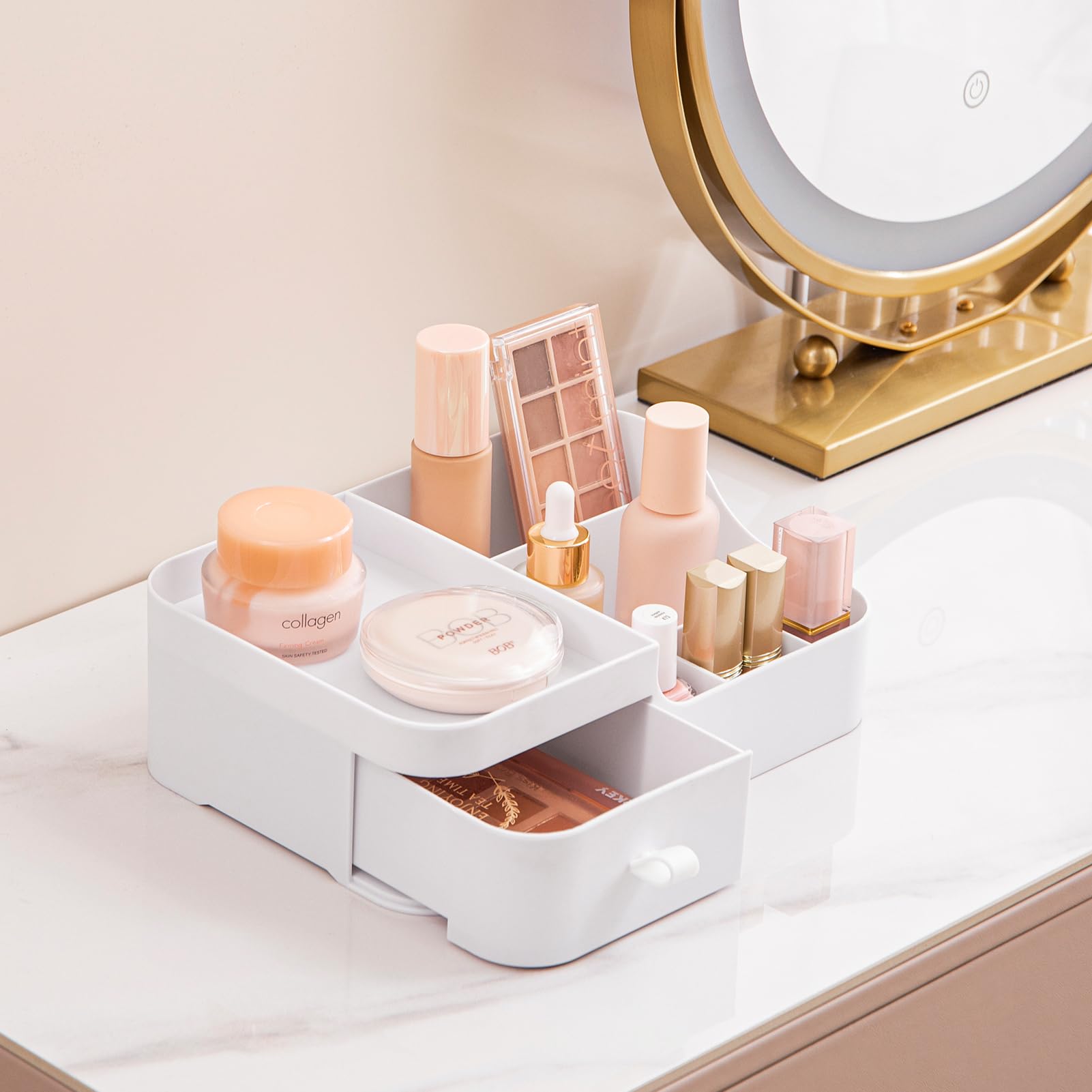 Hblife Plastic Makeup Organizer For Vanity With Drawer Large Skincare Organizers 8 Compartments Bathroom Organizer Cosmetic Stor