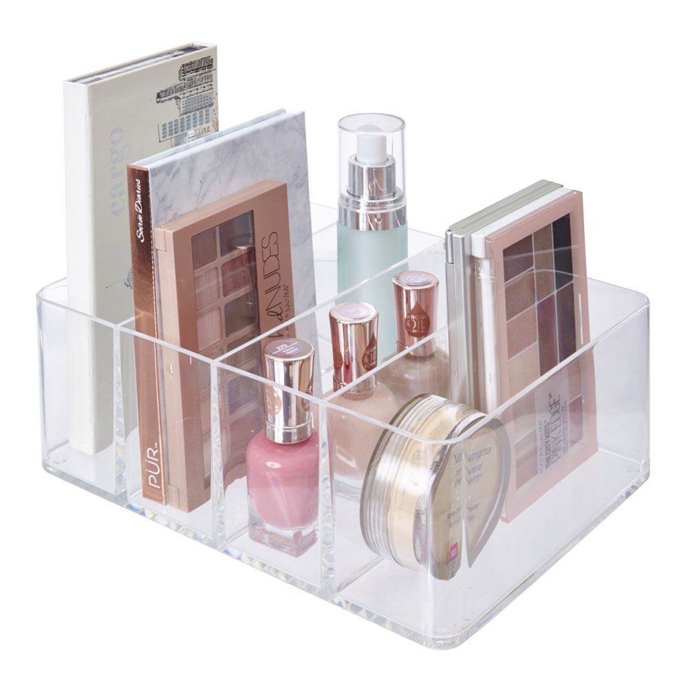 Stori 4-Compartment Clear Plastic Organizer  Rectangular Divided Makeup And Vanity Storage Bin  Use Upright For Eyeshadow Palett