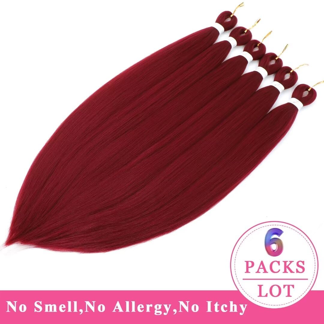 34Inch Long Braiding Hair Pre Stretched 6 Packs 110G/Pack Burgundy Easy Braids Yaki Texture Synthetic Prestretched Crochet Hair