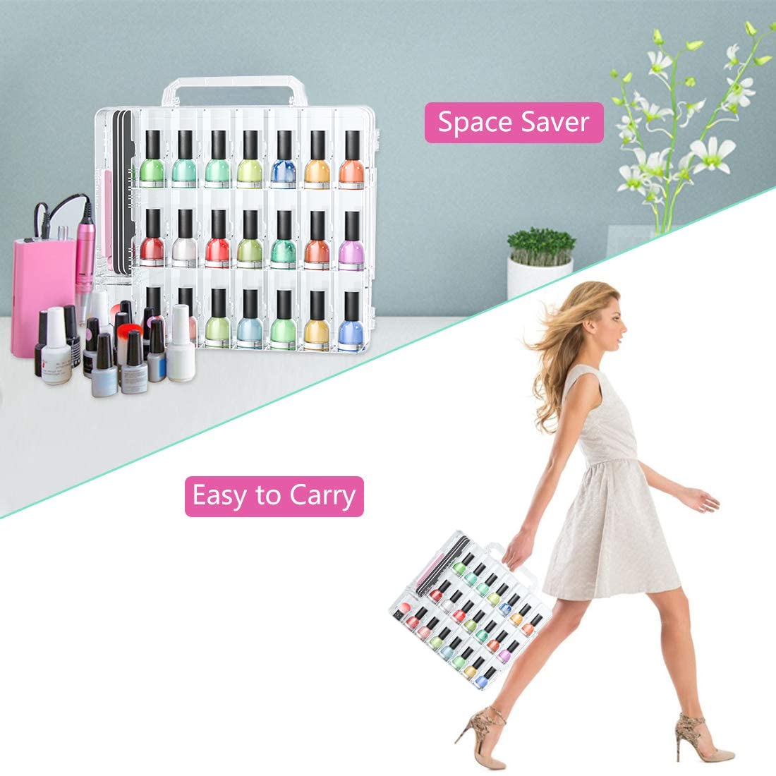 Jiasheng Two Nail Polish Organizer Case Holders, 48 Bottles Universal Nail Storage Box For Double Side Adjustable Space Divider