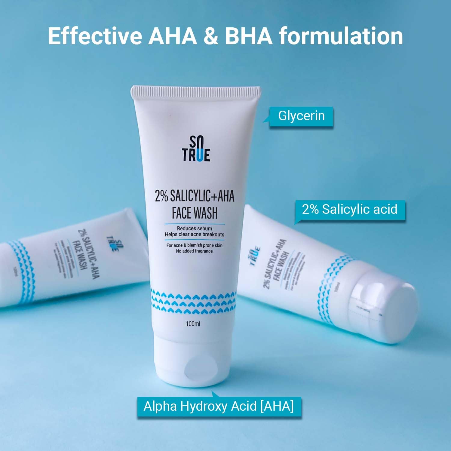 SOTRUE 2% Salicylic Acid Face Wash + Aha For Acne And Pimple, 100Ml | For Clean, Clear And Glowing Skin | Reduces Acne, Excess O
