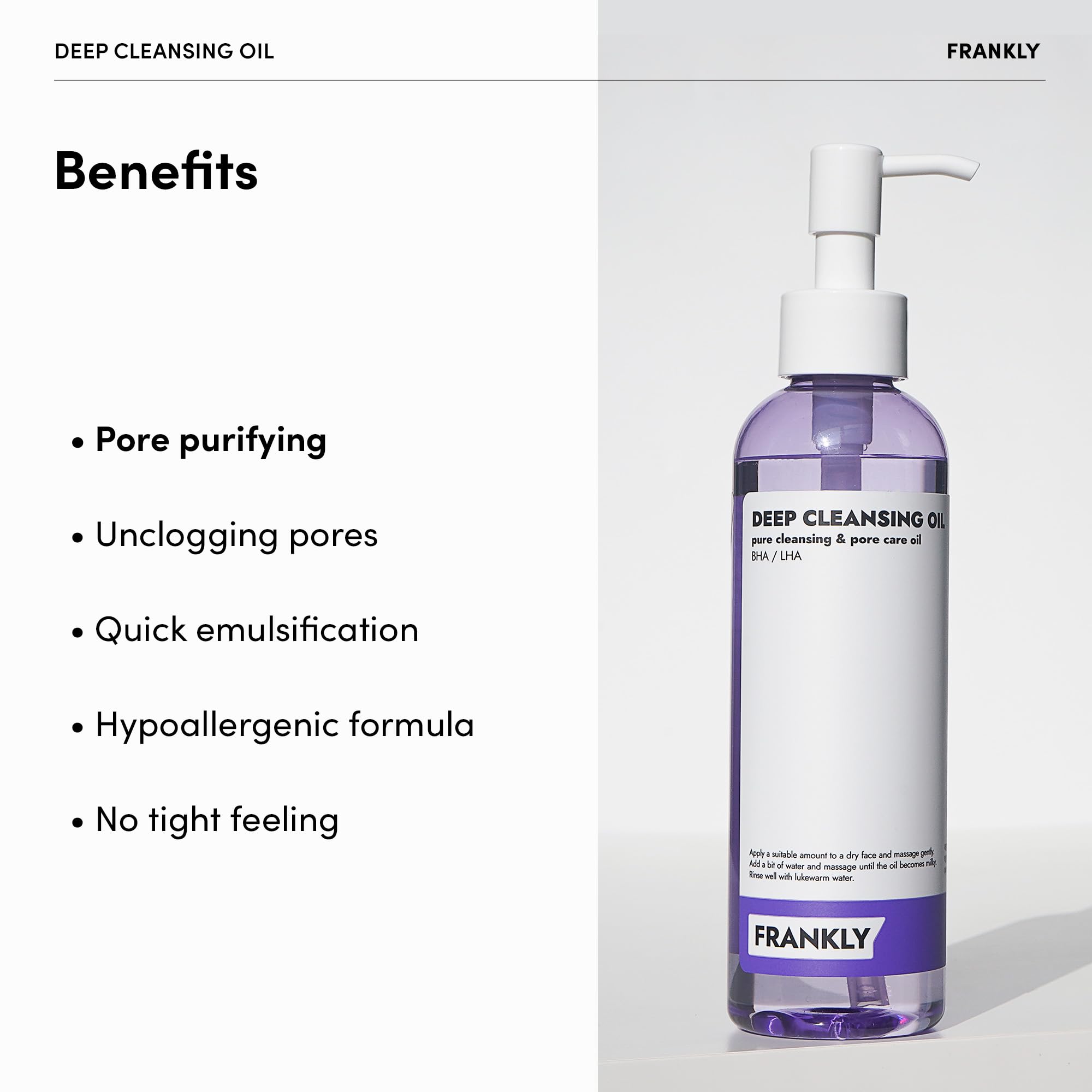 Frankly Deep Cleansing Oil - Bha & Lha Pore-Purifying, Blackhead Remover, Makeup Remover, Hydrating With Amino Acids & Hyaluroni