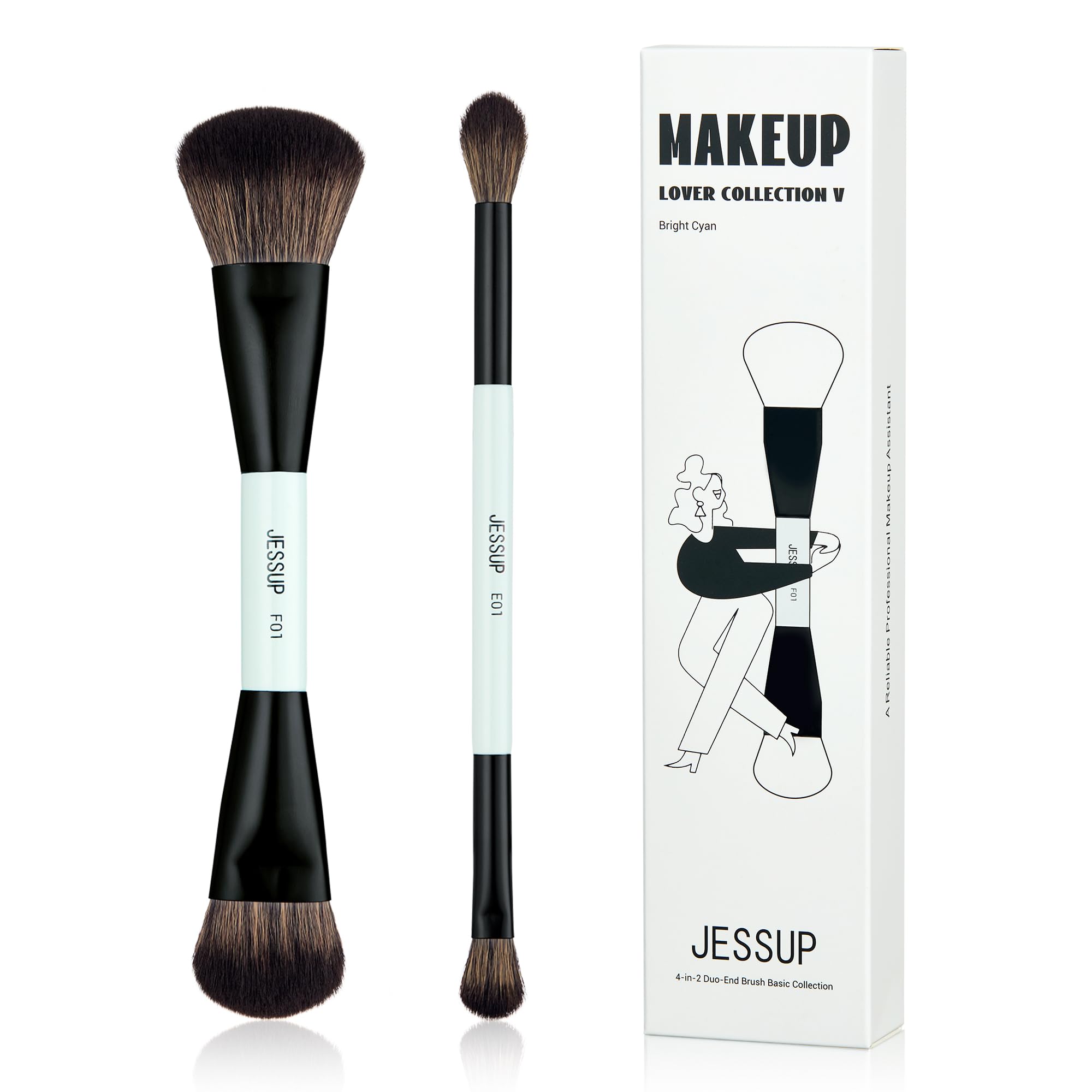 Jessup Makeup Brushes 2Pcs Double Sided Foundation Brush Contour Brush Dual Ended Eye Blending Brush, Multi-Functional Cosmetic