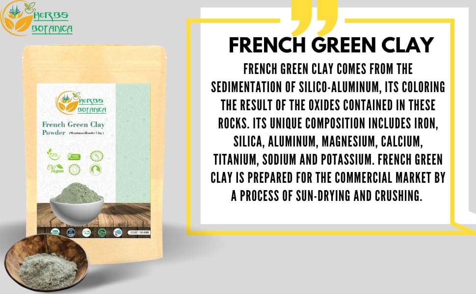 Herbs Botanica French Green Clay Powder 100% Pure & Natural Montmorillonite Clay For Face Masks, Skincare, And Diy Beauty Finely