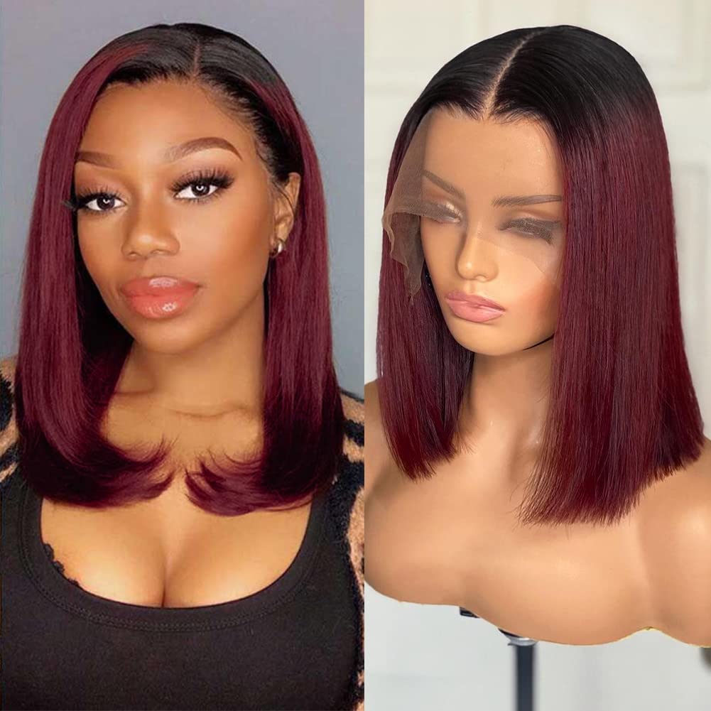 Flady 1B 99j Bob Wig Human Hair 13x4 HD Frontal Lace Wig 150% Density 1B Burgundy Lace Front Wigs Human Hair Pre Plucked Red Fro