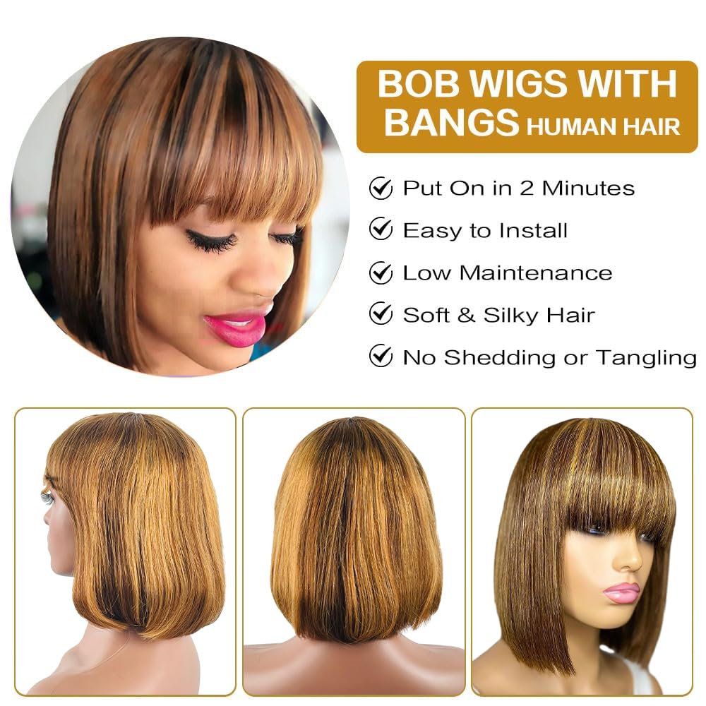 Rebasar Highlight Bob Wigs Human Hair 10 Inch Wigs With Bangs Bob Wigs For Black Women Human Hair Glueless Brazilian Virgin Stra