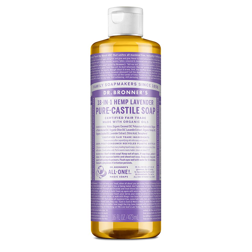 Dr Bronneras - Pure-Castile Liquid Soap (Lavender, 16 Ounce) - Made With Organic Oils, 18-In-1 Uses: Face, Body, Hair, Laundry,