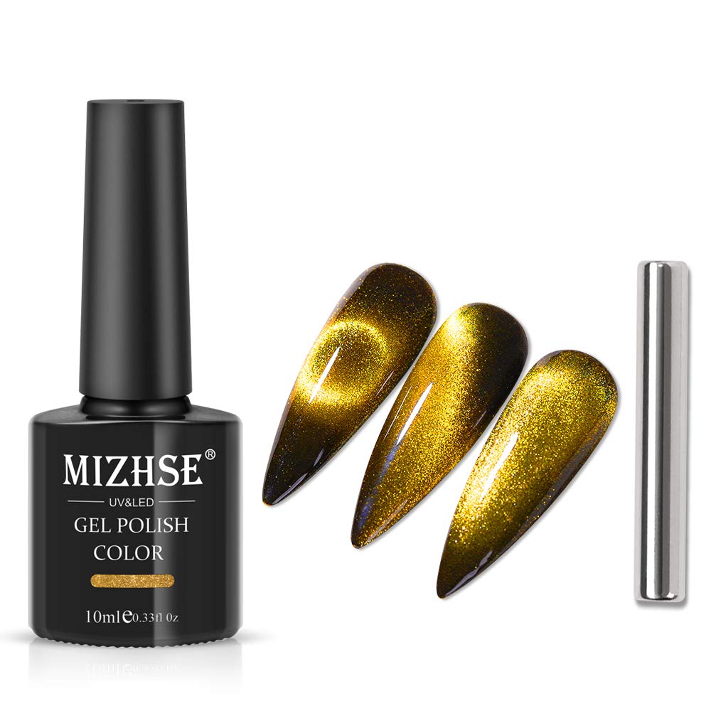 Mizhse Universal Gold Cat Eye Gel Nail Polish, 9D Wide Magnetic Gel Polish With Magnet Stick, 10 Ml Galaxy Effect Bright Glitter