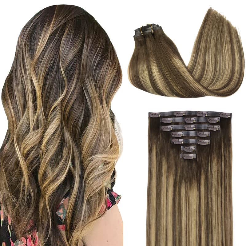 GOO GOO Clip in Hair Extensions Real Human Hair, 22inch 110g 7Pcs, 4/27/4 Balayage Chocolate Brown to Caramel Blonde, Remy Human