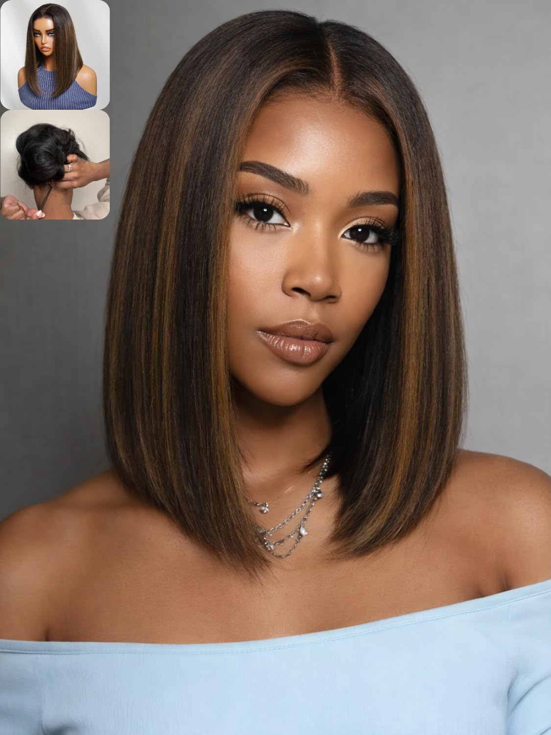 Nadula Balayage Ombre Brown Yaki Straight Bob Drawstring Wig Human Hair with No Slip Flexible Mesh Cap,Glueless 7x5 Bye Bye Knot