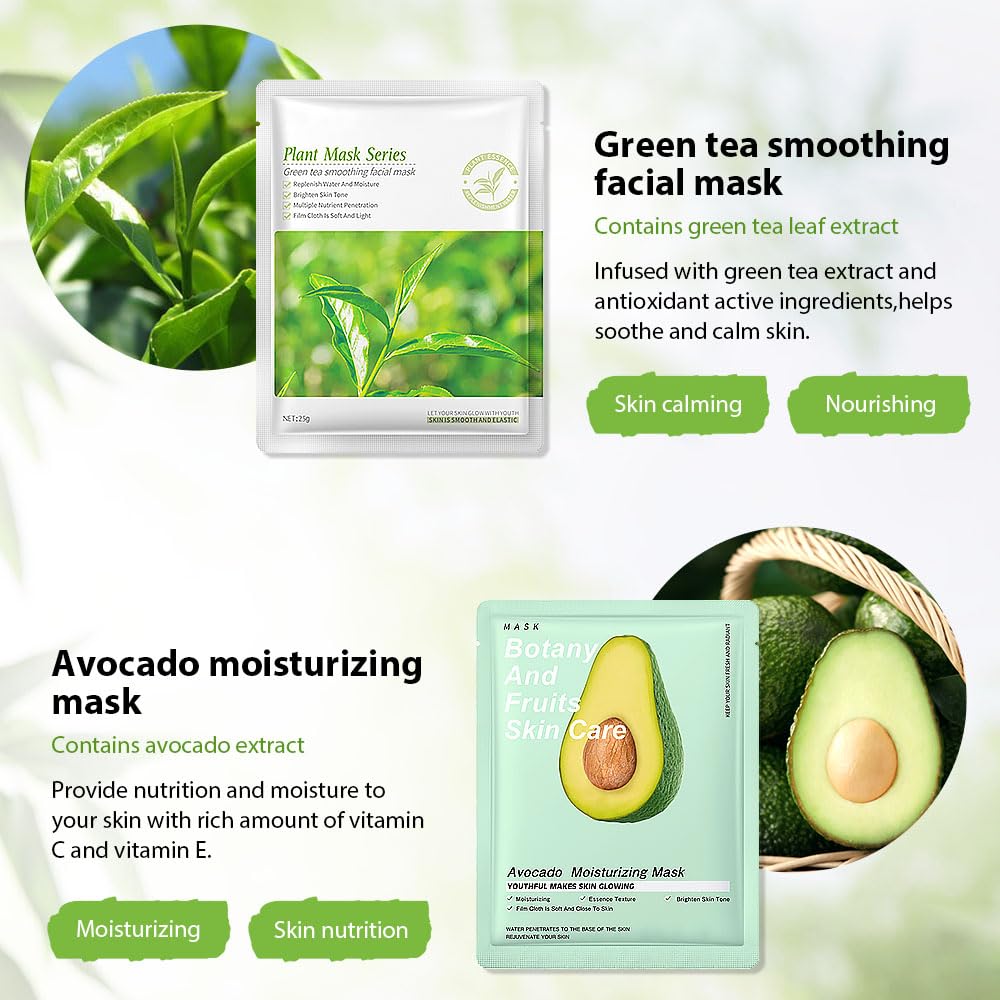 6 Pcs Real Nature Hydrating Green Tea Honey Aloe Vera Face Mask Skincare, Hyaluronic Acid, Vitamin C And E, Chamomile, Korean Be