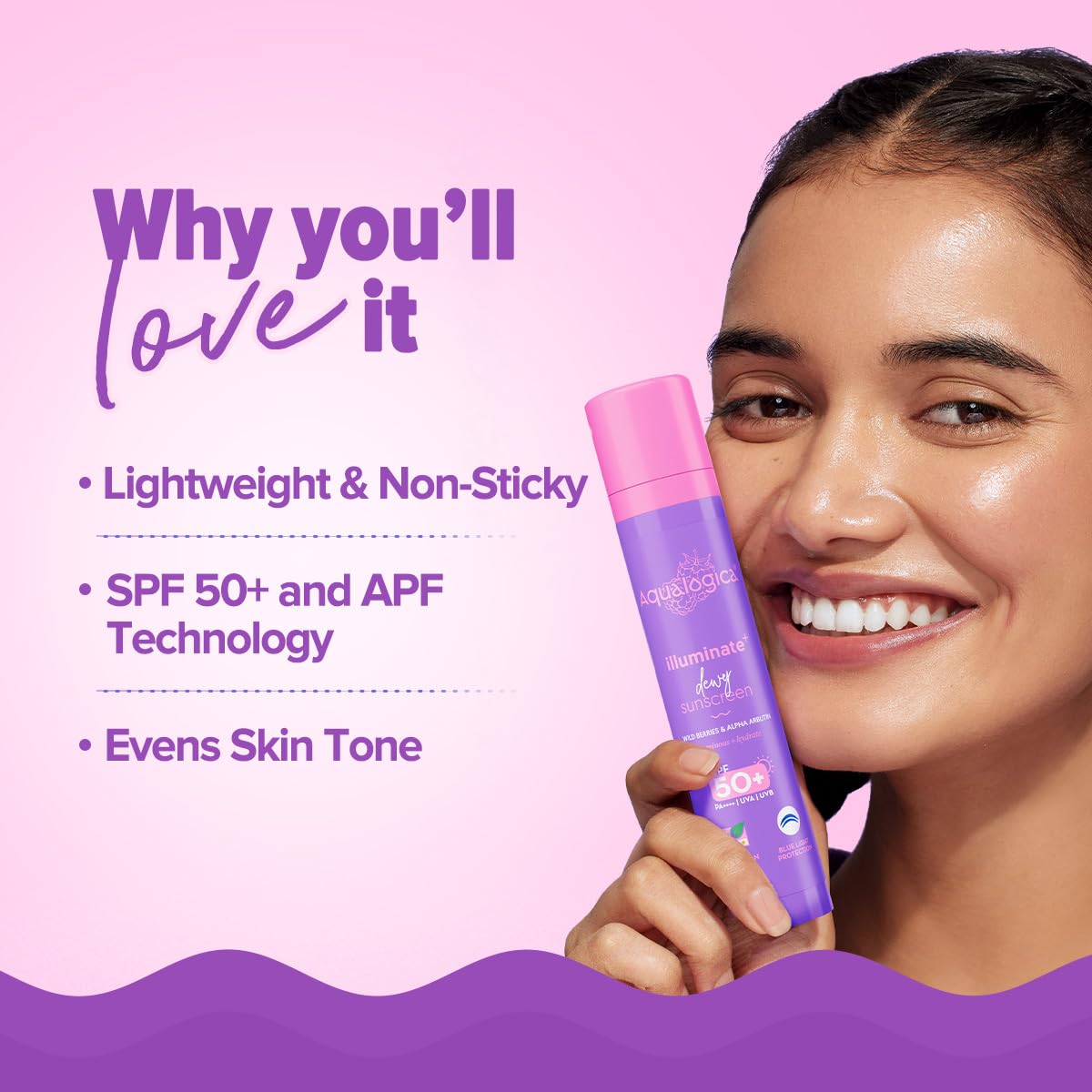 Aqualogica lluminate+ Dewy All Skin Type Sunscreen Spf 50+ Pa++++ With Wild Berries&Alpha Arbutin - 50 G