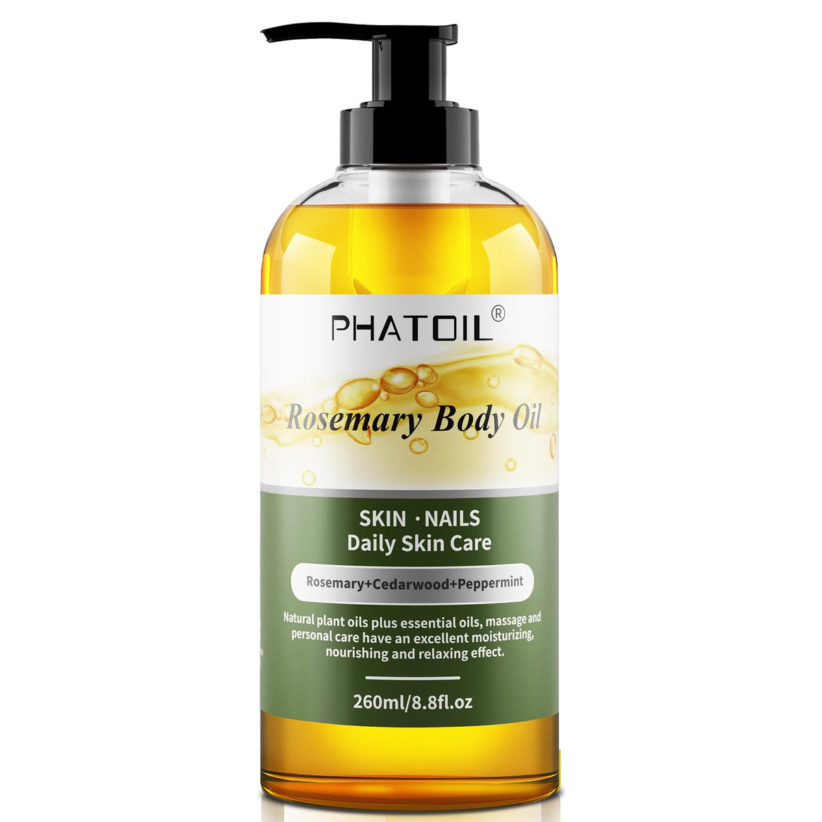Phatoil Rosemary Body Oil After Shower With Pump, 260 Ml (8.8 Fl.Oz) Premium Quality Massage Oil Body Oils For Dry Skin, Rosemar