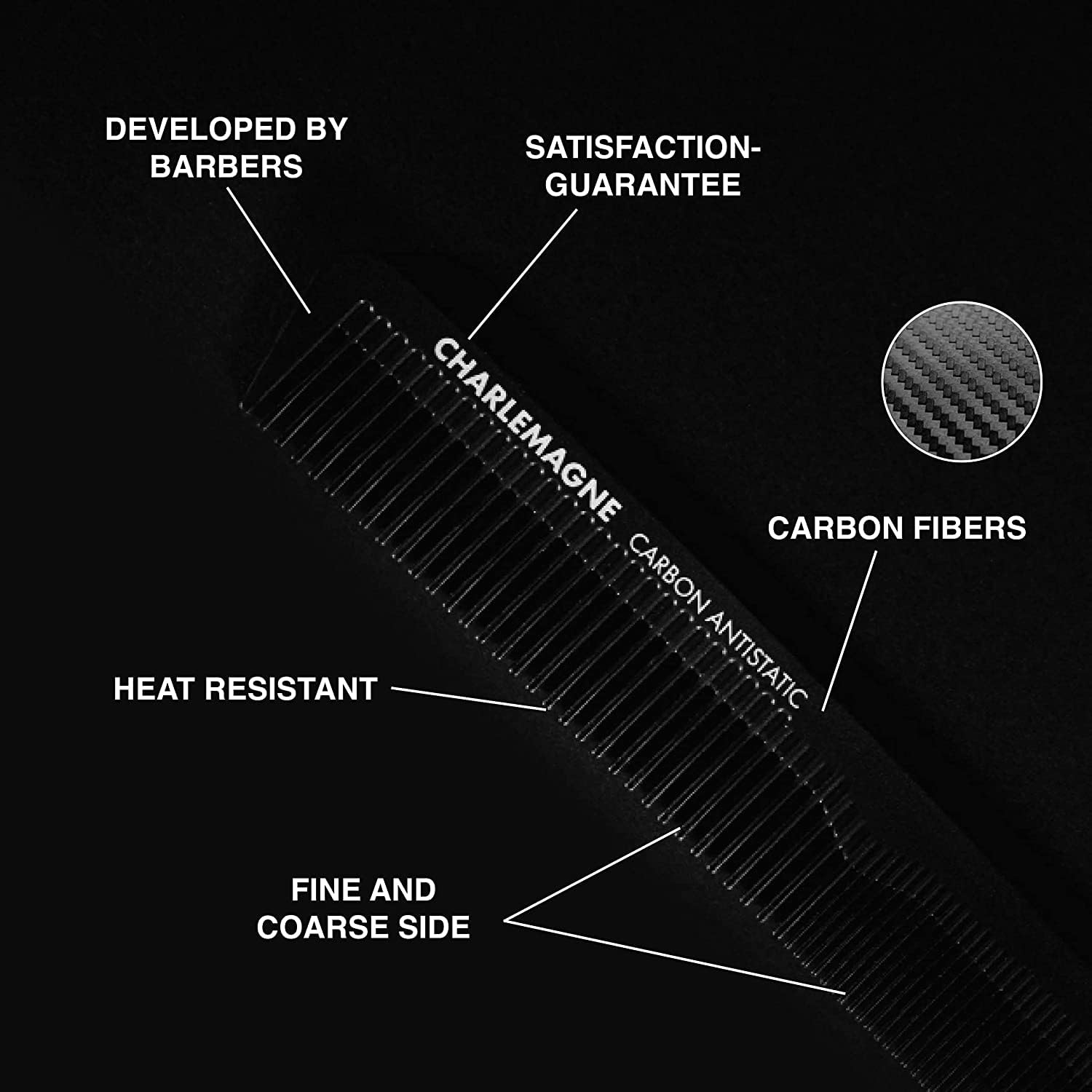 Charlemagne Men's Hair Comb, Shatterproof Premium Carbon Comb, 18 cm Anti-Static Fine Hair Comb for Hair Cutting, Hairdressing C