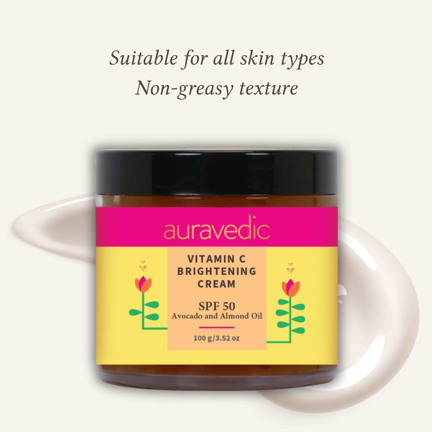 Auravedic Vitamin C Face Cream with SPF 50 | Reduces Sun Damage & Revives Dull Skin | Organic Hydration | Argan & Avocado Oil In
