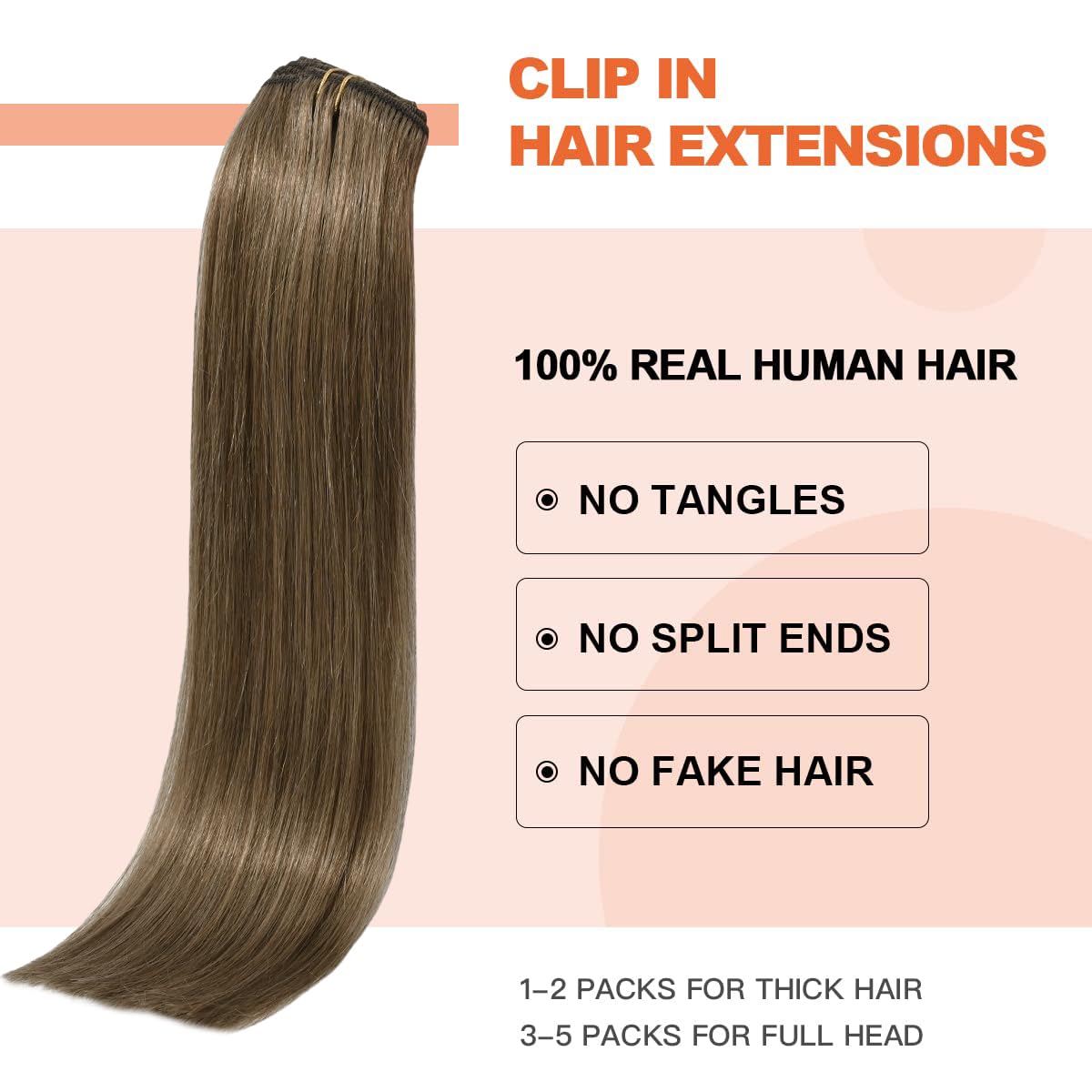 UGOTRAYS Ash Brown Clip in Hair Extensions Real Human Hair, 70G Remy Human Hair Clip in Extensions 15 Inches Soft Silky Straight