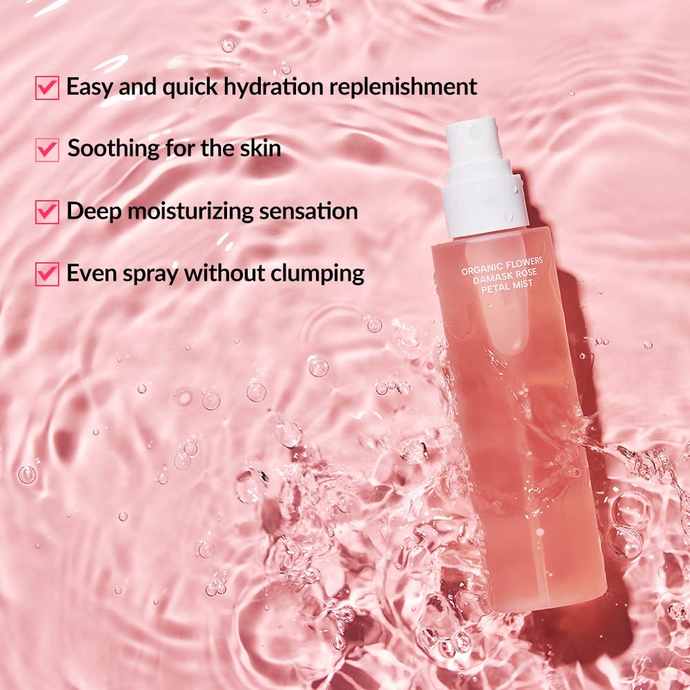 Whamisa Organic Flowers Damask Rose Petal Mist, Facial Mist Spray, Waterless Formula, Fermented Postbiotics, Hydration, Portable