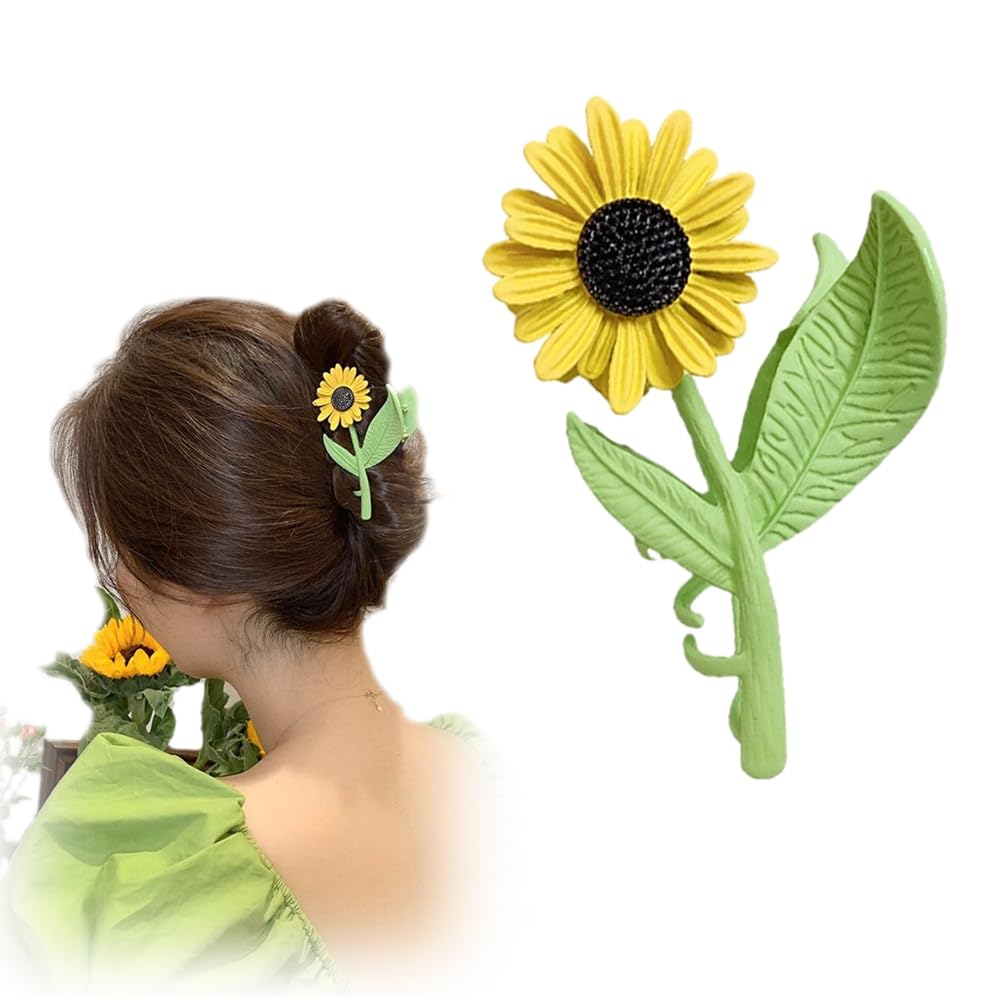BeeGift SunFlower Hair Clip for Women, Green Flower Shaped Claw Clip, Elegant NonSlip Hair Clip, Hair Clamp, Hair Styling Access