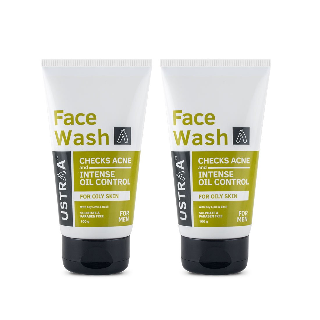 Ustraa Face Wash  Oily Skin  2 X 100G (Pack Of 2)  With Basil & Key Lime  For AcneProne Skin | No Sls | Checks Acne & Black