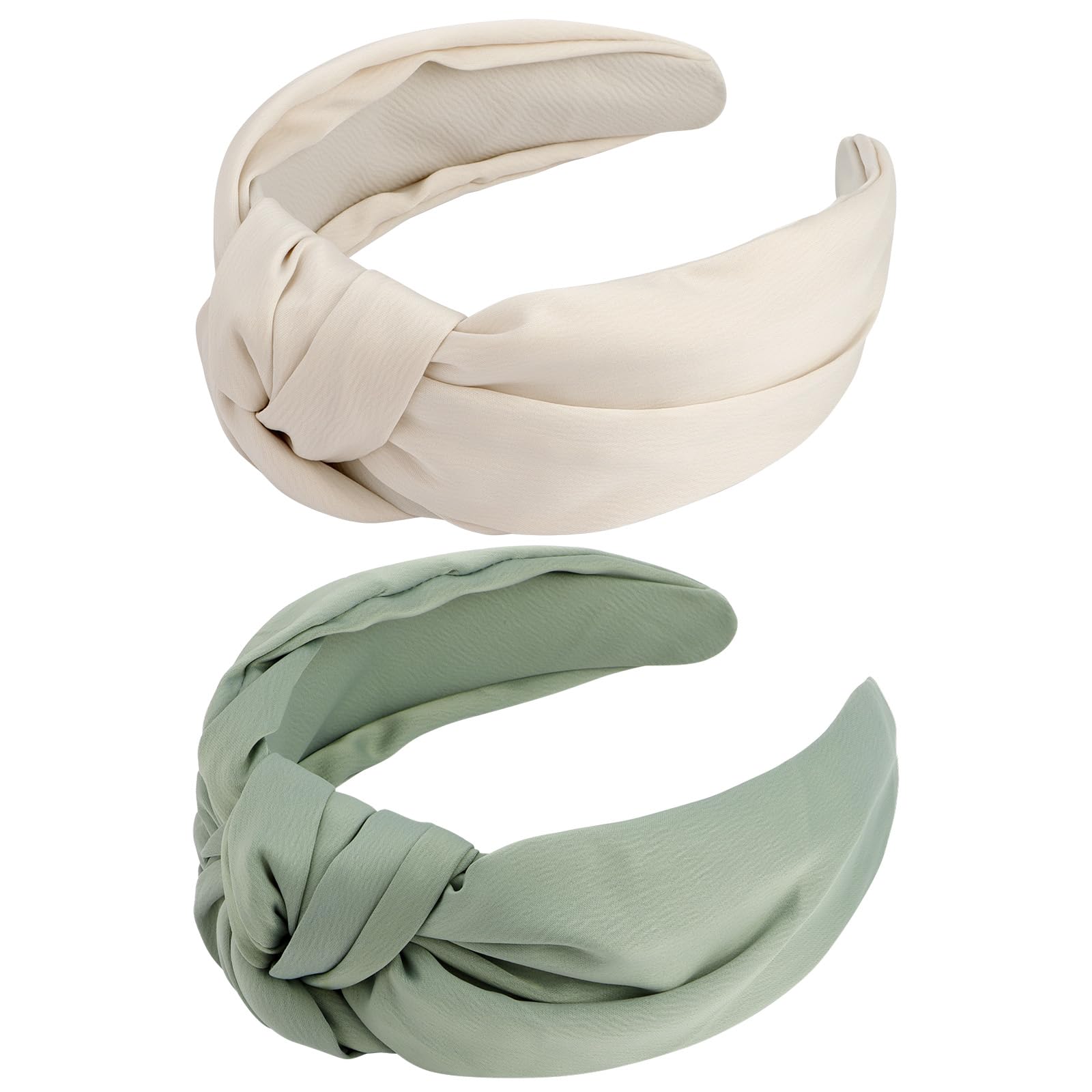 VELSCRUN White, Green 2 Pack Women's Satin Knotted Wide Non-Slip Elastic Turban Fashion Headbands for Hair Styling Accessories