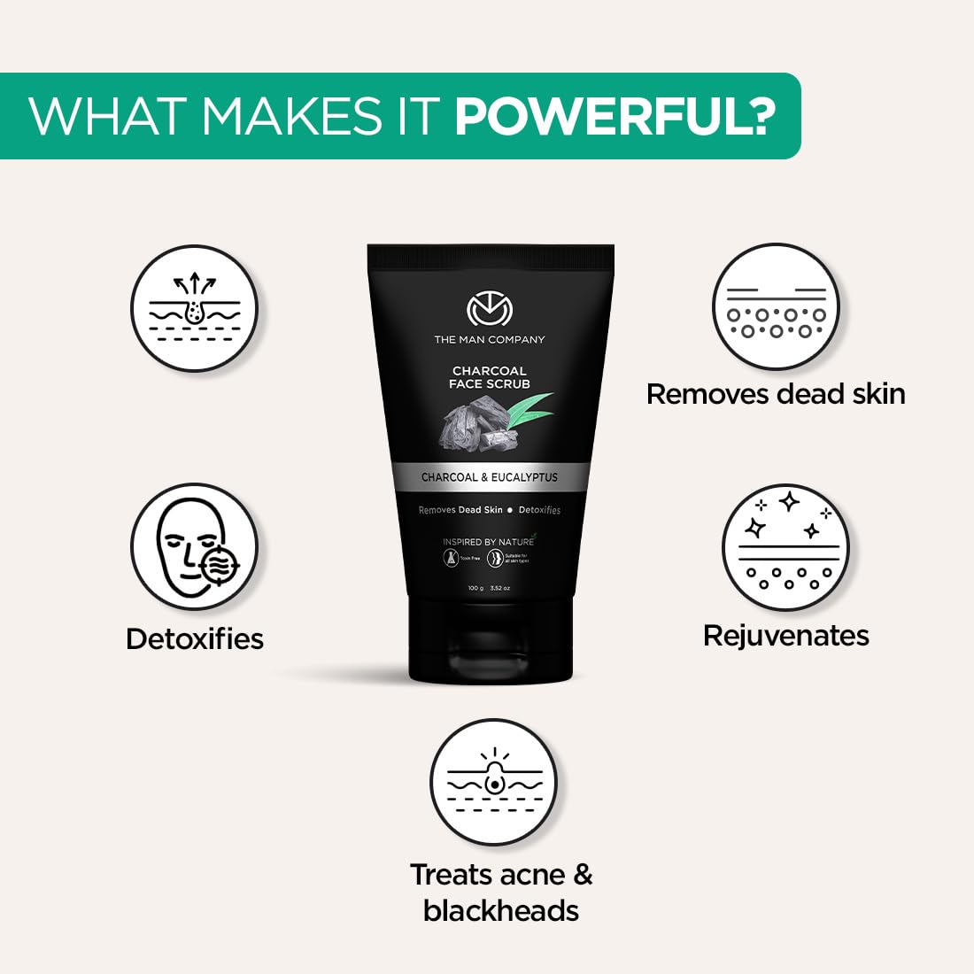 The Man Company Natural Charcoal Face Scrub with Lemongrass and Eucalyptus - 3.5 Oz. | Skin Exfoliating & Detox, Anti Acne, Blac