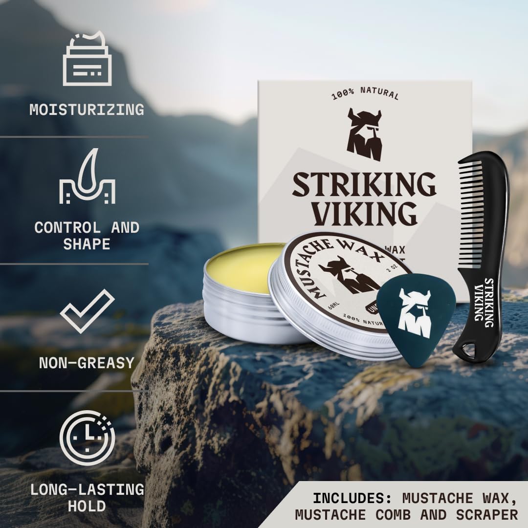 Striking Viking Mustache Wax Kit - 2oz Beeswax Wax & Comb for Taming, Styling & Conditioning Facial Hair - Unscented Strong Hold