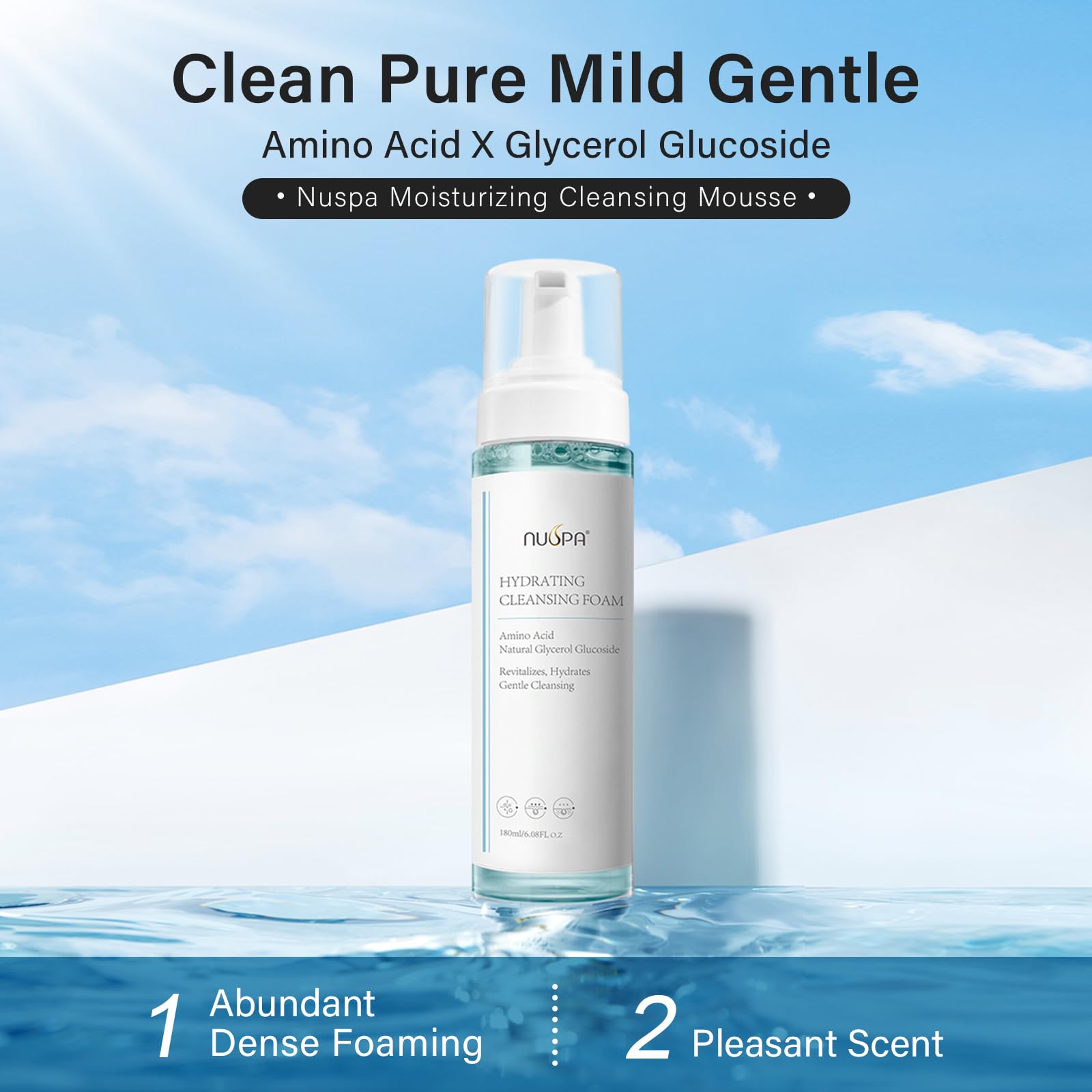 NUSPA 6.08 OZ Self Foaming Face Wash Spray Infused with Amino Acid, Smoothing Hydrating Bubble Facial Cleanser,Natural Gentle De