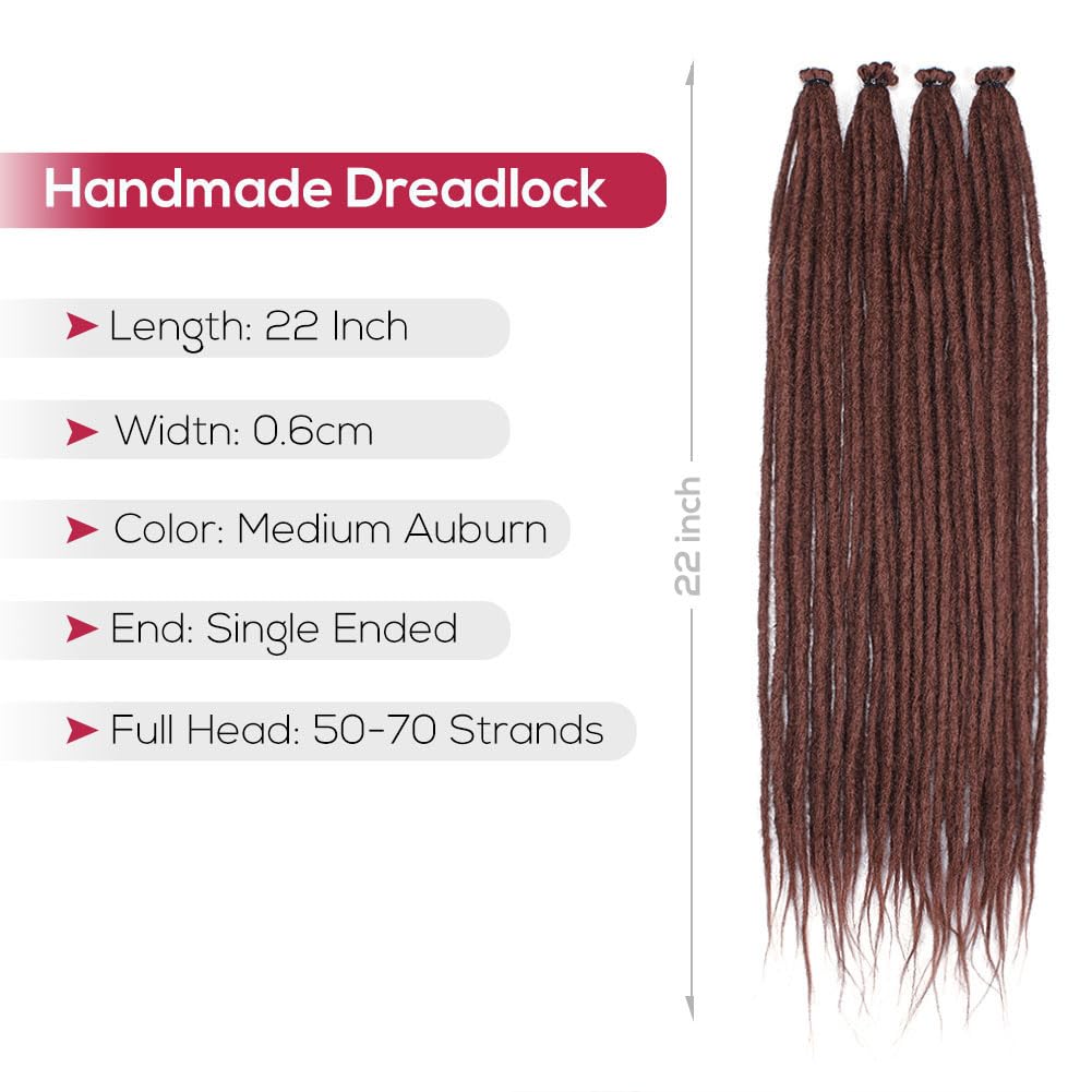 Kraler Dreadlock Extensions, 22 '' Medium Auburn Synthetic Crochet Dreads Extensions 100% Handmade Single Ended Dreads Thin 0.6c