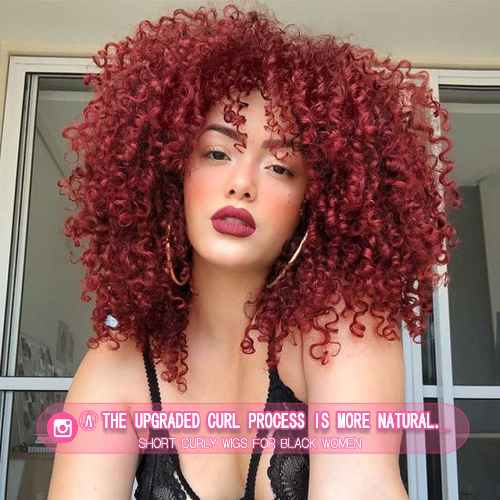 Rosmile Curly Wigs For Black Women -Burgundy Synthetic African American Full Kinky Curly Afro Hair Wig With Bangs (Free 1Pc Prof