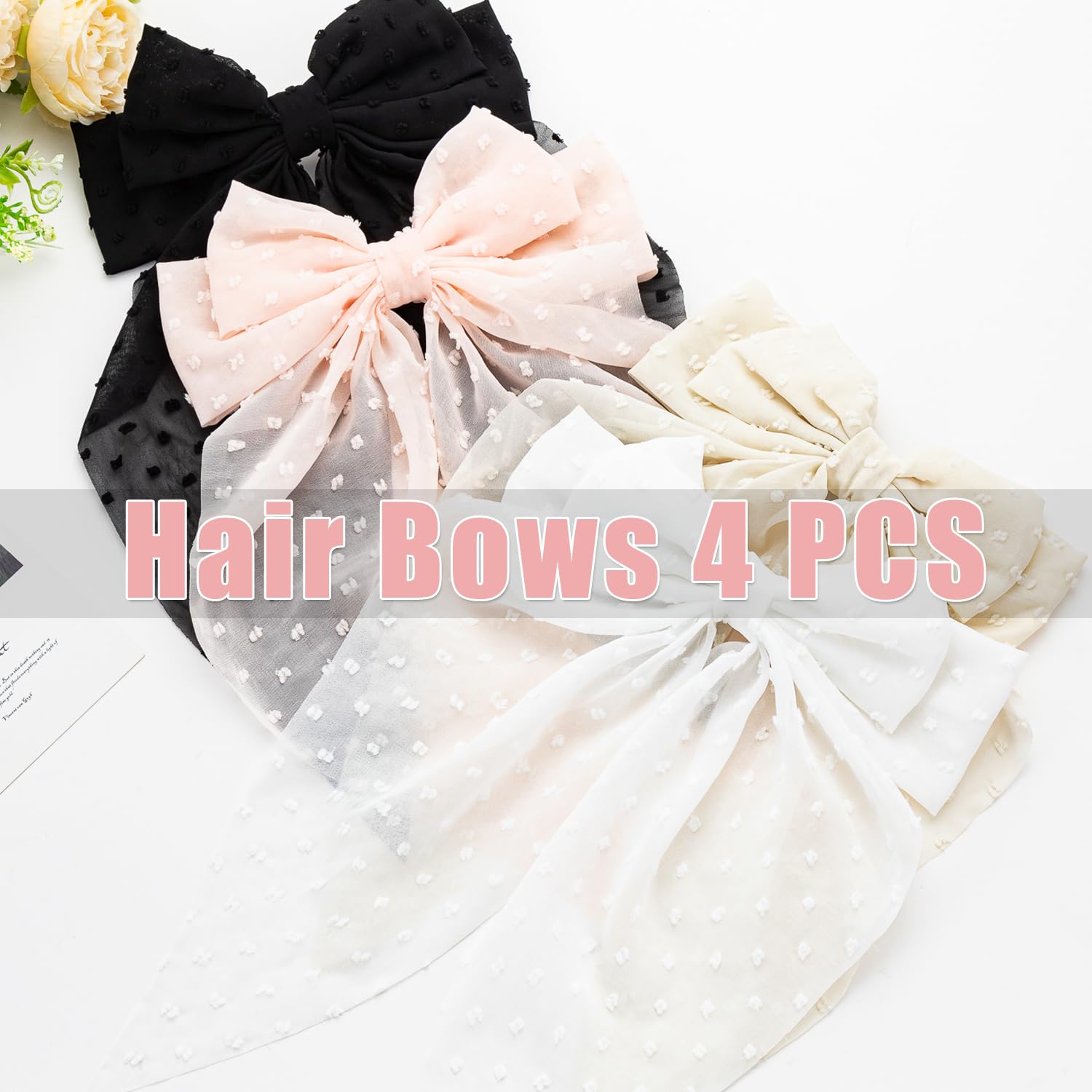 Seneeel Large Hair Bows 4 Pcs - Cute Oversized Ribbon Bows For Women In Beige, Light Pink, White, Black - Hair Barrettes For Dif
