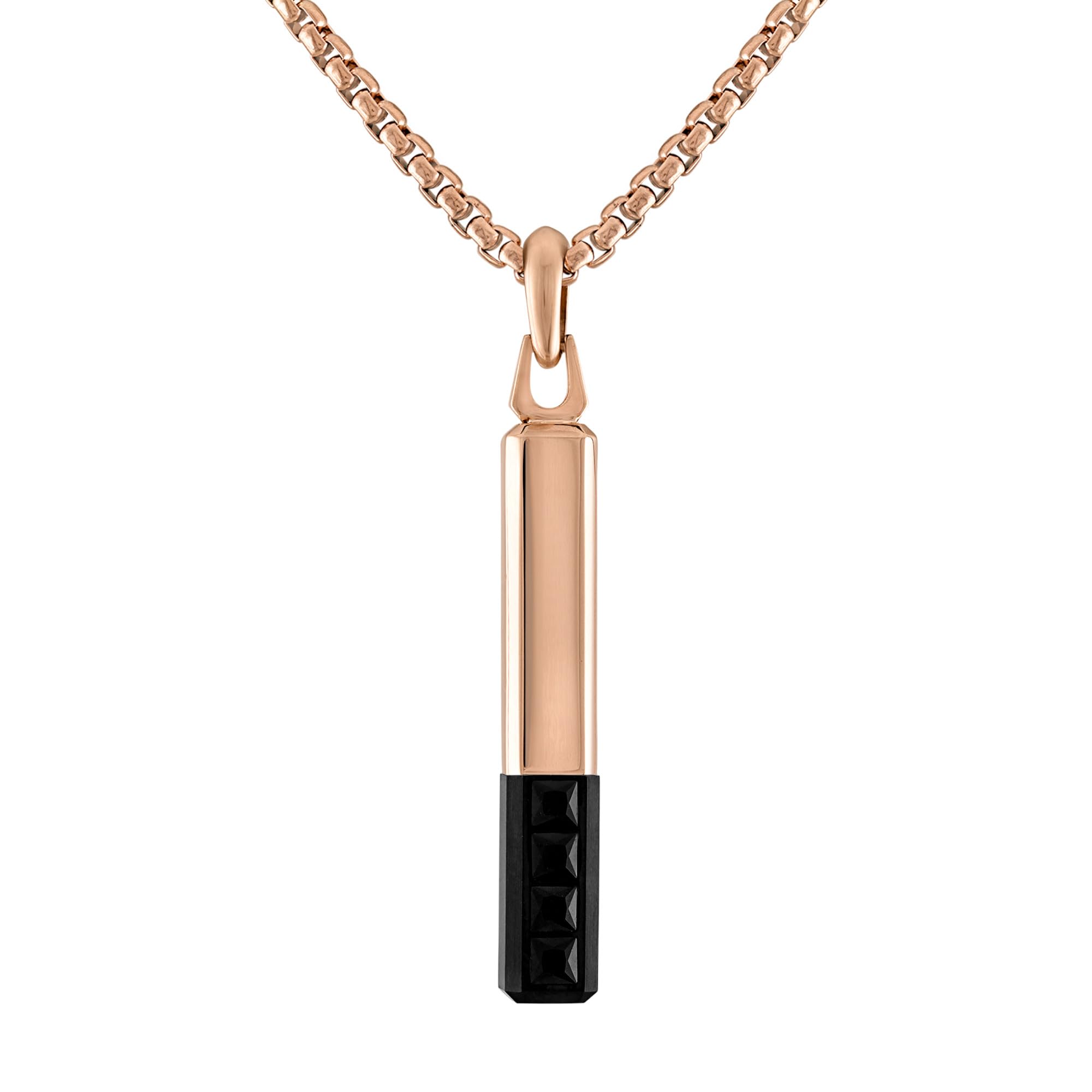 Bulova Jewelry Mens Latin Grammy Rose Gold Stainless Steel Bar Shaped Amulet Pendant, Inlay Black Spinel,Rose Tone Stainless St
