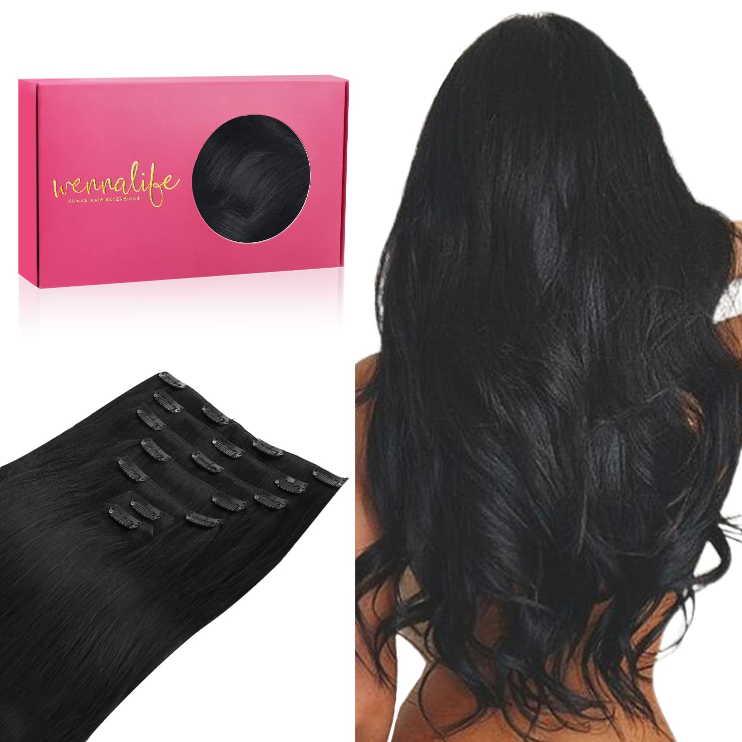 Wennalife Clip In Hair Extensions Real Human Hair, 16 Inch 120G 7Pcs Jet Black Hair Extensions Clip In Human Hair Remy Clip In H