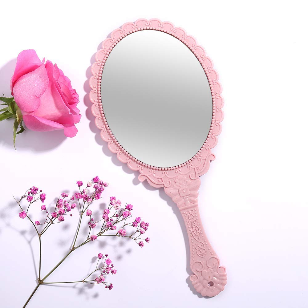 XPXKJ Hand Mirror Vintage Handheld Mirror with Handle Vanity Makeup Mirror Travel Mirrors (Oval, Nano Pink)