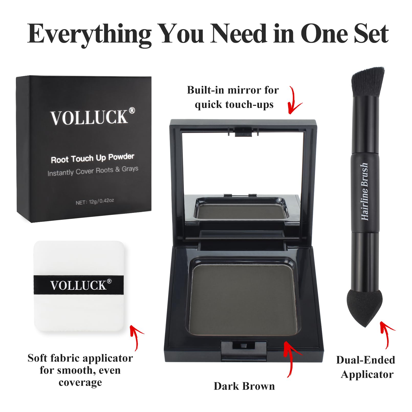 VOLLUCK Root Touch up Powder, Long-lasting Gray Hair Cover up Powder for All Hair Types, Waterproof for Women and Men (Dark-Brow
