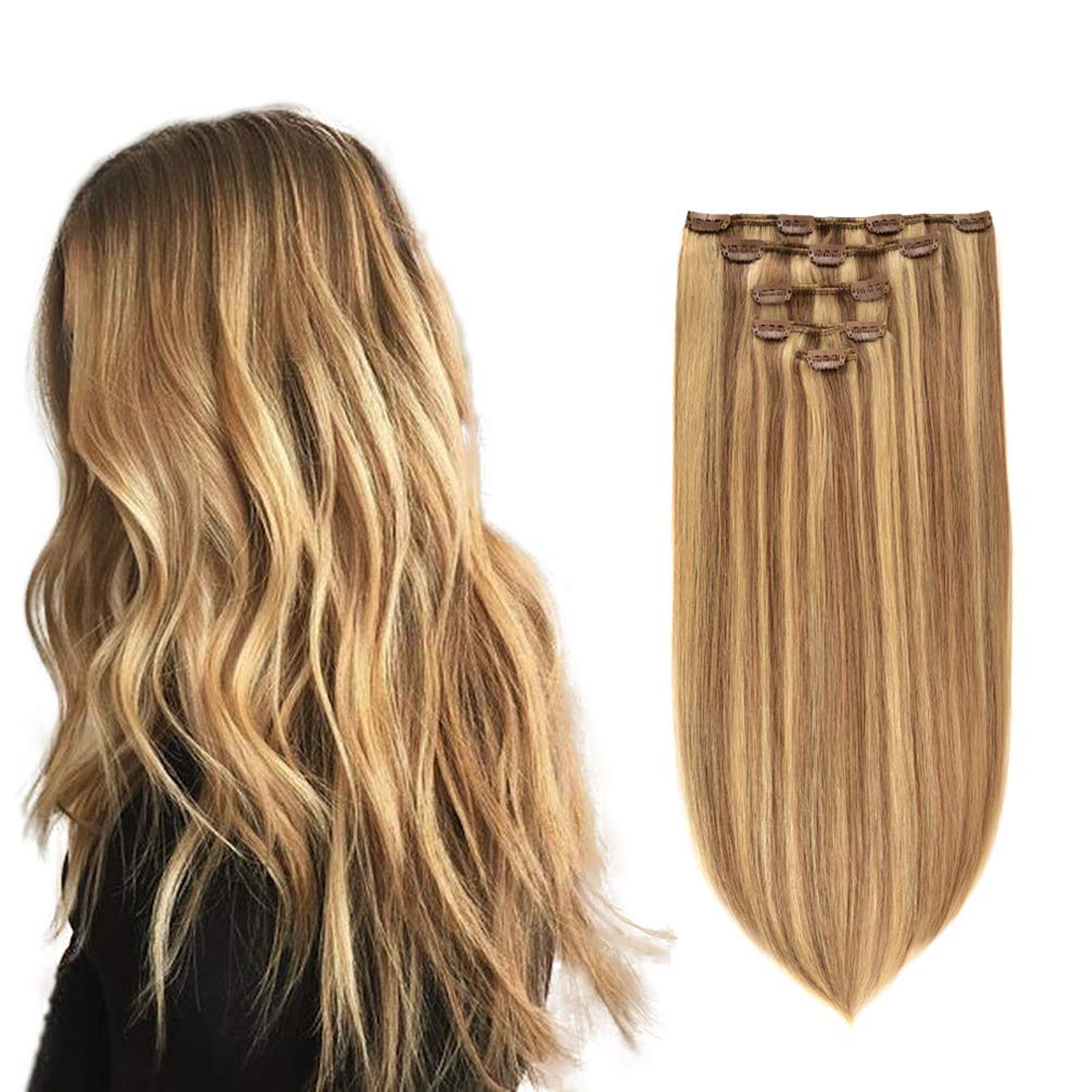 5 Pieces 18'' Remy Clip in Ombre Hair Extensions Human Hair Light Blonde Mixed Golden Blond Highlights - Silky Straight Long Thi