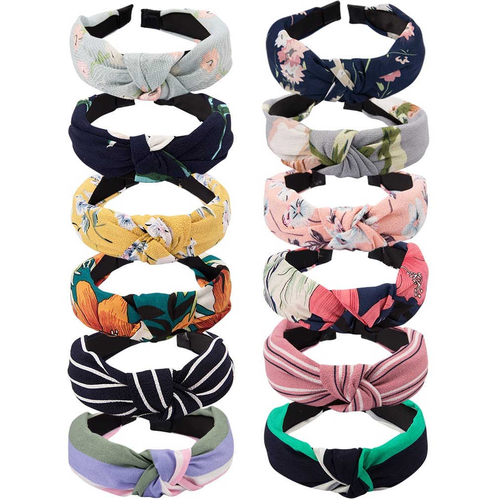 Wide Knotted Headbands for Women - 12 Pack Boho Hair Accessories, Elastic Turban Bandeau for Washing Face