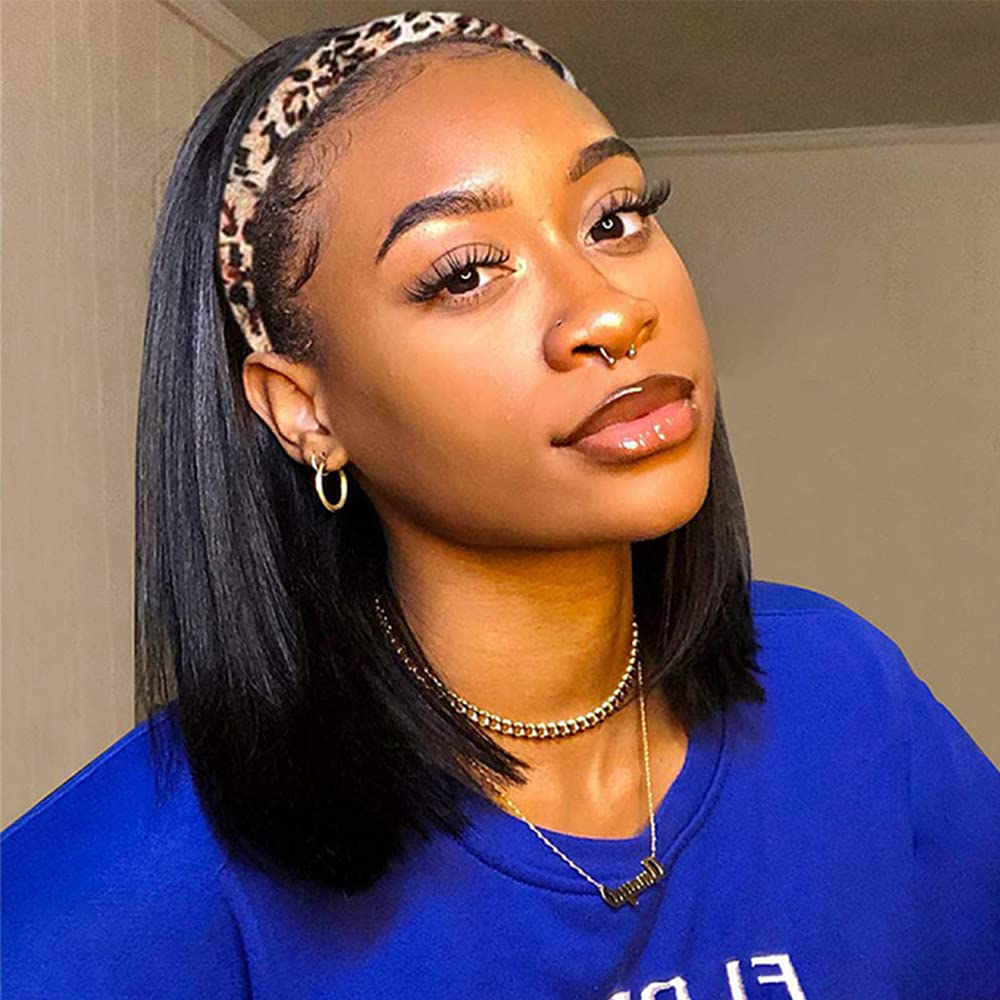 AISI Bob Headband Wig Human Hair Short Straight Headband Wigs Remy Hair Easy Wear and Go Glueless Wigs Bob Headband Wigs for Wom