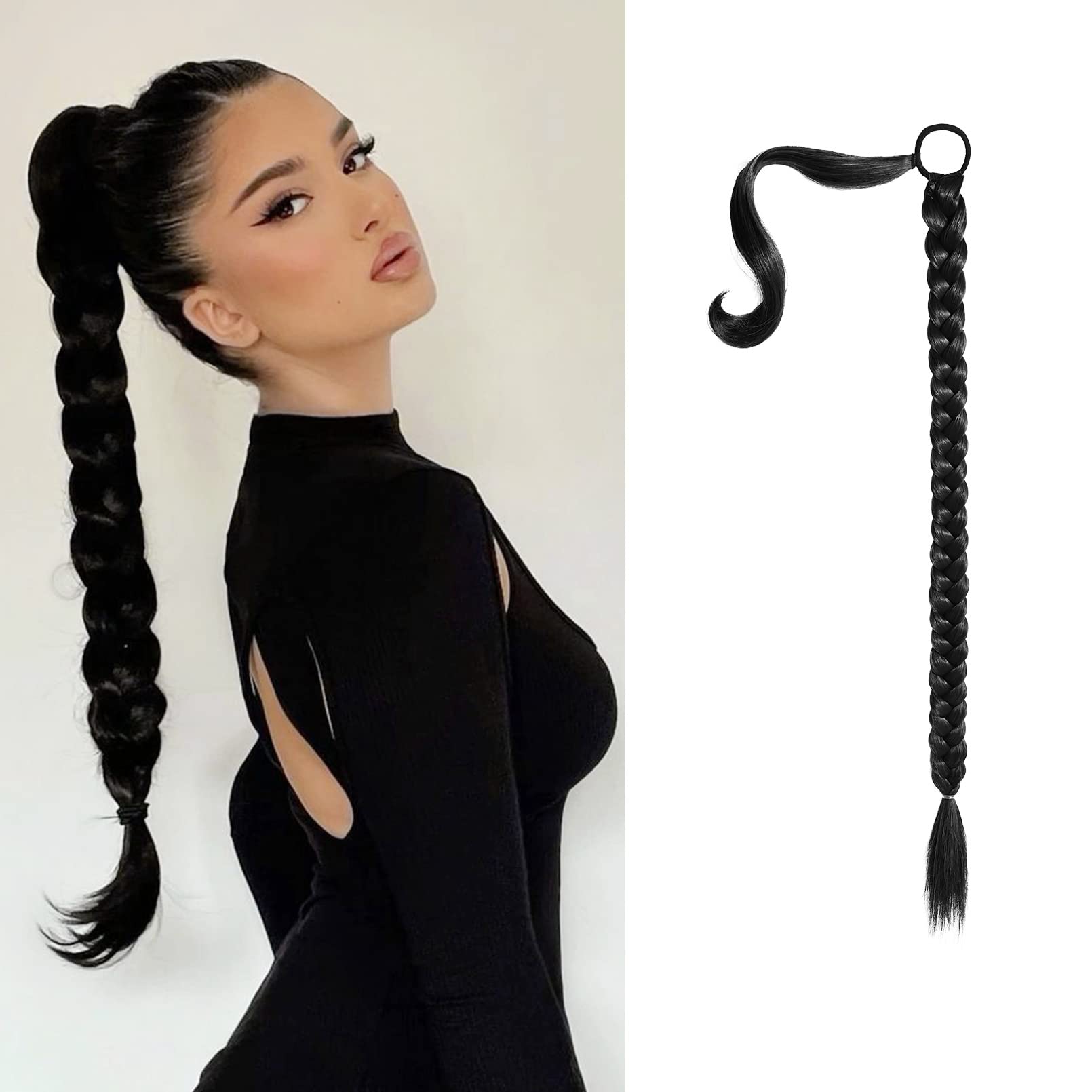 SEIKEA Upgraded Long Braid Ponytail Extension with Elastic Tie Straight Sleek Wrap Around Braid Hair Extensions Ponytail Black 2