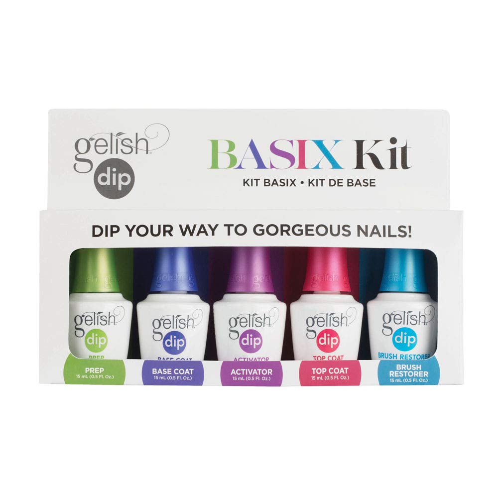 Gelish Dip Basix Kit - Prep, Base Coat, Activator, Top Coat & Brush Restorer - Easy, Odor-Free, No UV or LED Lamp Required for L