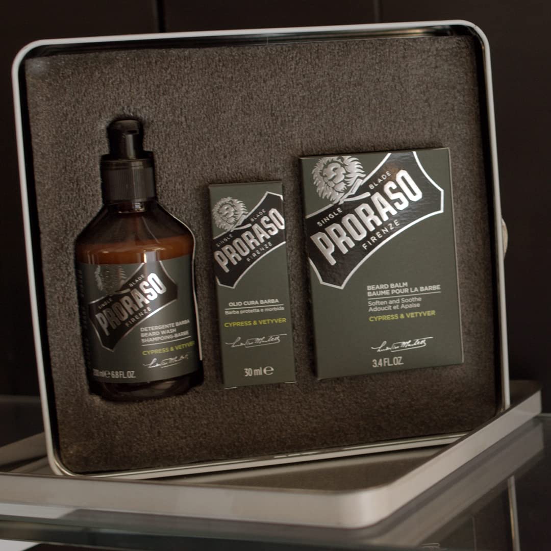 Proraso Beard Care Kit For Men | Cypress & Vetyver Beard Wash, Oil And Balm Gift Set To Cleanse, Soothe And Soften All Beard Len