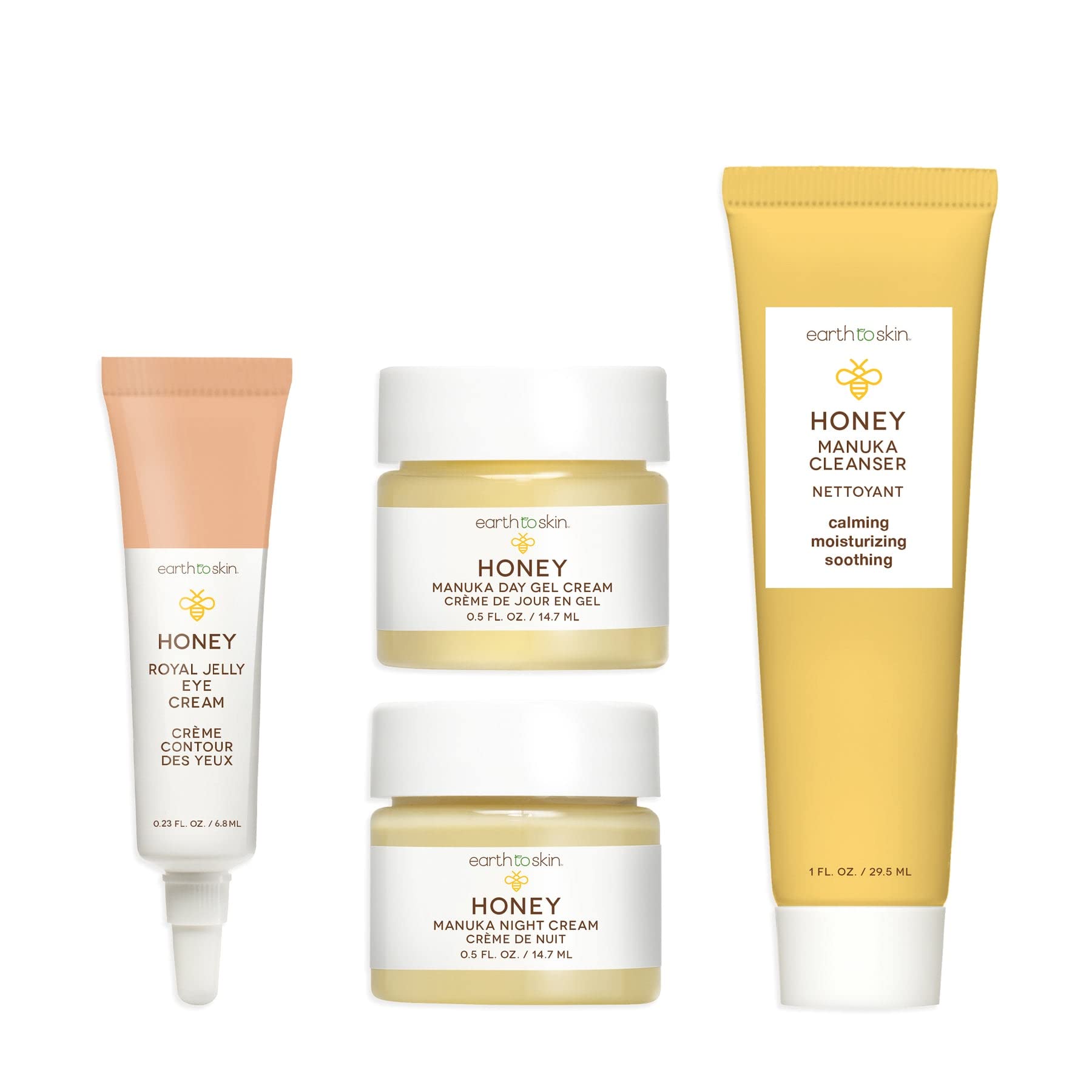 Earth To Skin Facial Care Starter Set: Manuka Honey Cleanser (1.0 Fl Oz), Day Gel Cream (0.5 Fl Oz), Night Cream (0.5 Fl Oz), an