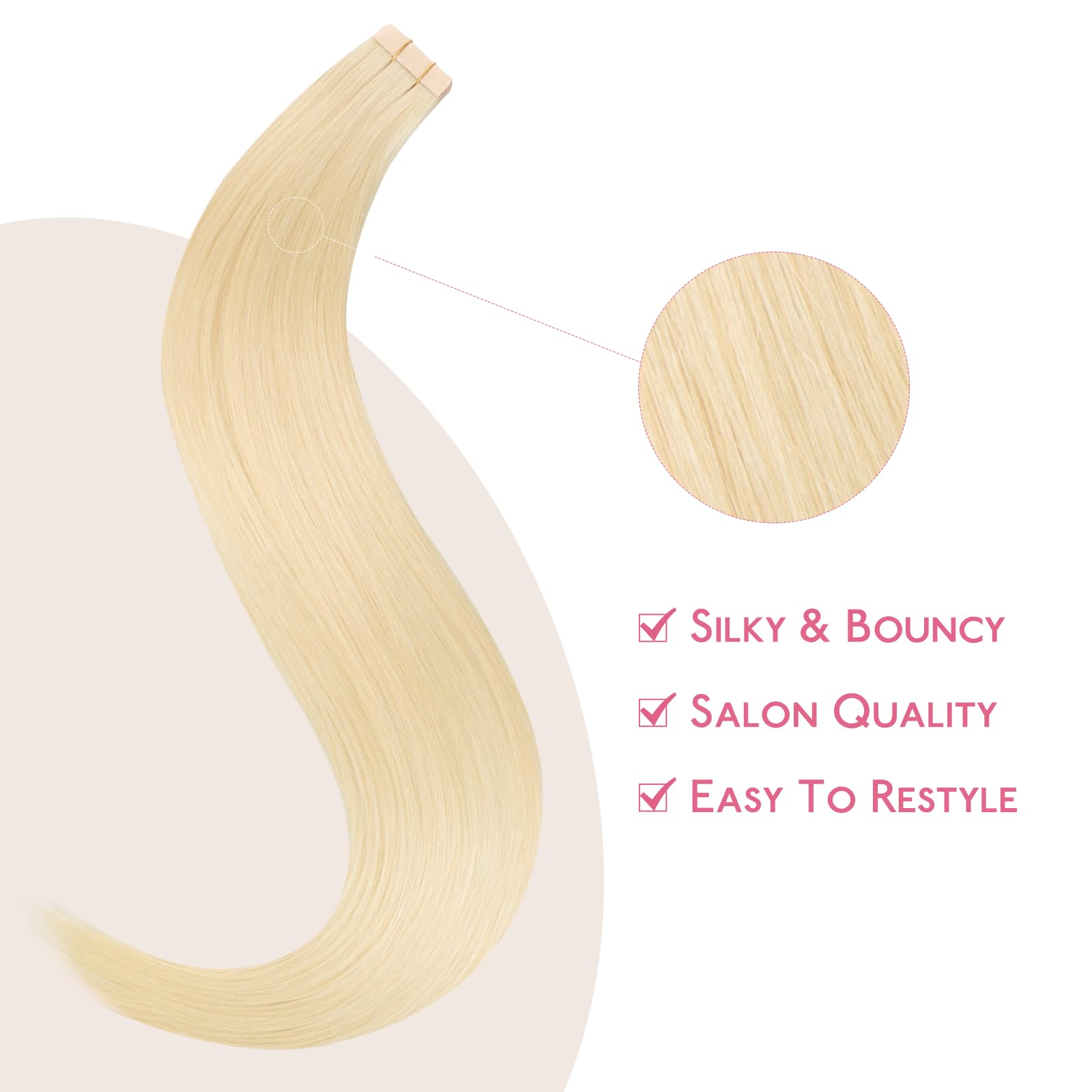 Wennalife Tape In Hair Extensions Human Hair Platinum Blonde Tape In Extensions, 10Pcs 25G 14 Inch Remy Invisible Tape Ins Strai