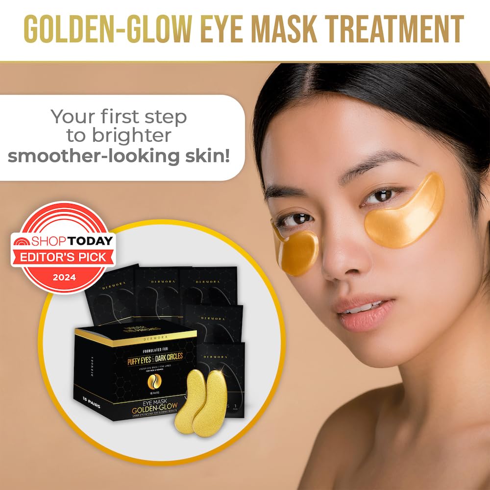 DERMORA Golden Glow Under Eye Patches (15 Pairs Eye Gels) - Rejuvenating Treatment for Dark Circles, Puffy Eyes, Refreshing, Rev