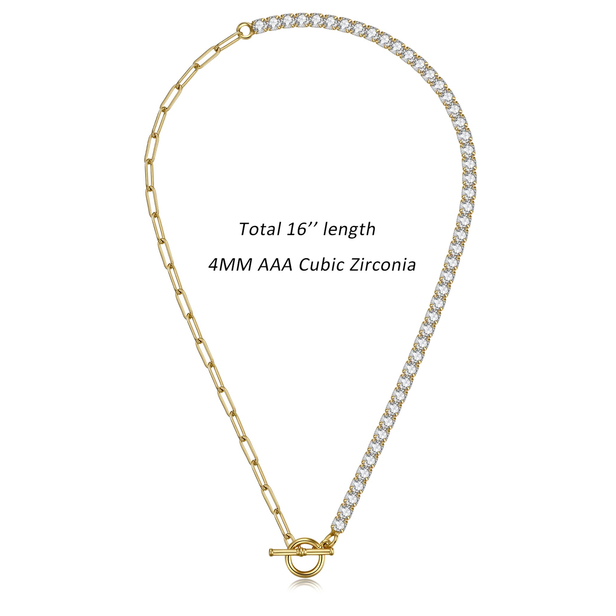 NUZON Gold CZ Tennis Necklace for Women 18K Gold Plated Paper Clip Link Chain Choker Sparkly Diamond Layering Jewelry Toggle Cla