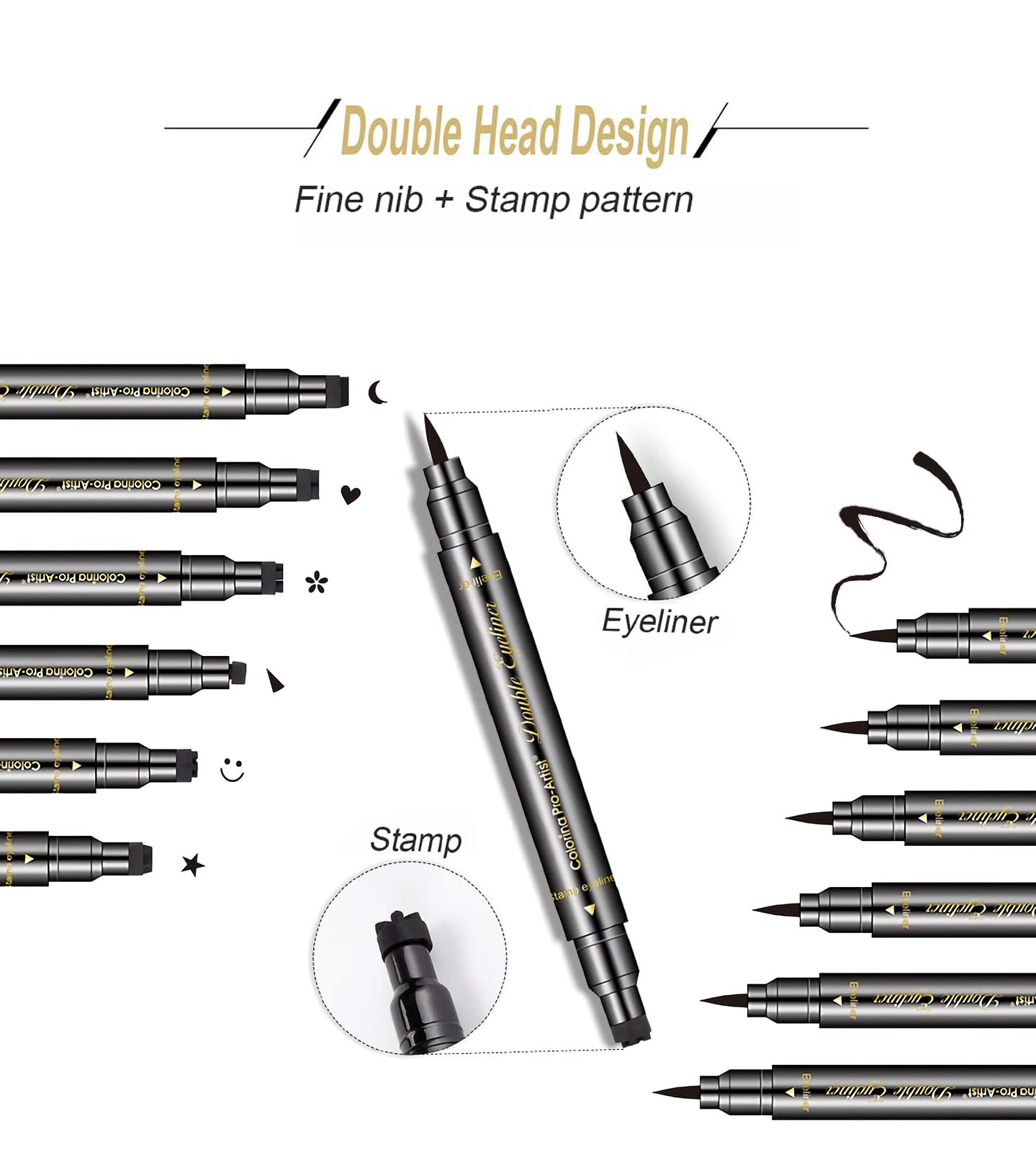 Sumeitang 6 Pcs Double-Headed Eyeliner Stamps Set Black Liquid Eye Liner Pen With Star,Moon,Heart,Flower,Smiley,Triangle Stamp S