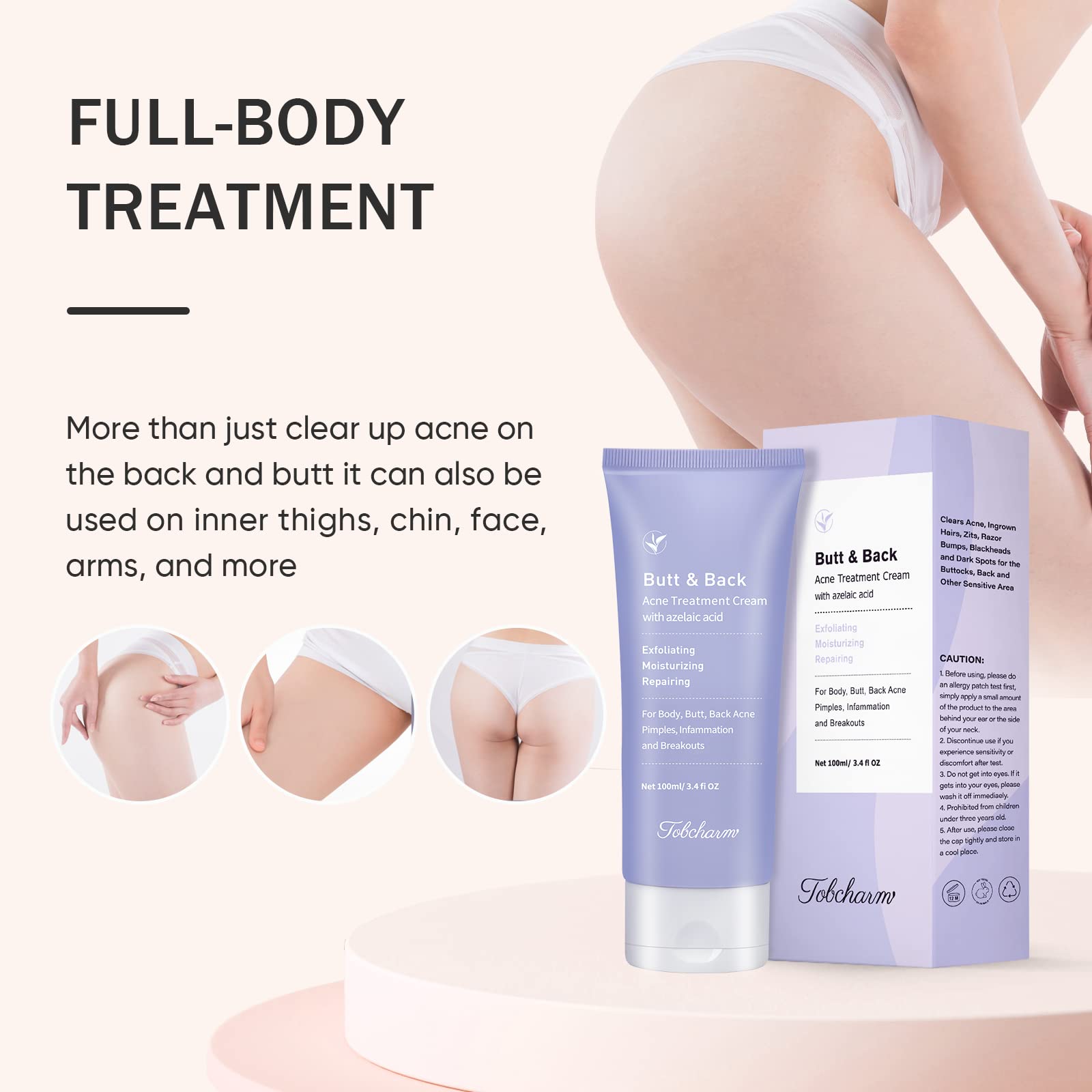Tobcharm Butt Acne Clearing Treatment, Back Acne Treatment, Body Acne Treatment with Azelaic Acid 3.4 fl. oz., Great for Men and