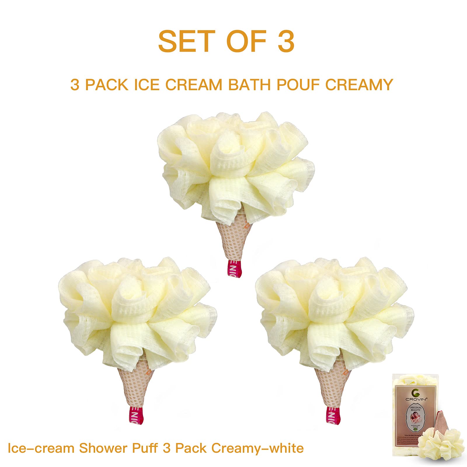 Crovin Ice Cream Bath Sponge Pouf (Set Of 3)-Creamy White Soft Mesh Puff Exfoliating Shower Sponge Ball Body Scrubber For Adults