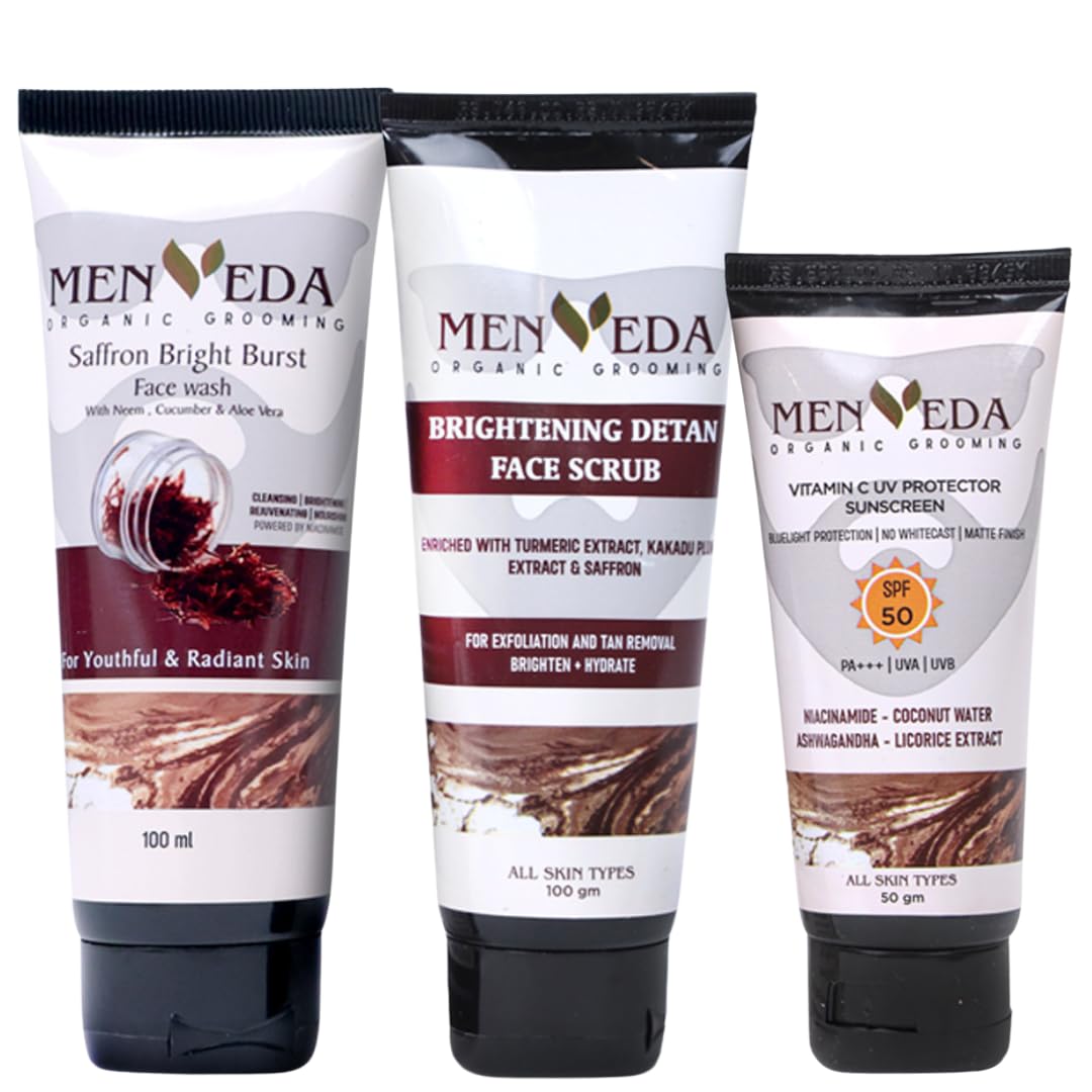 Menveda De Tan Kit For Men (Pack Of 3) | Face Wash 100Ml, Scrub 100G & Sunscreen 50G Complete Skincare Routine For Men | Nourish