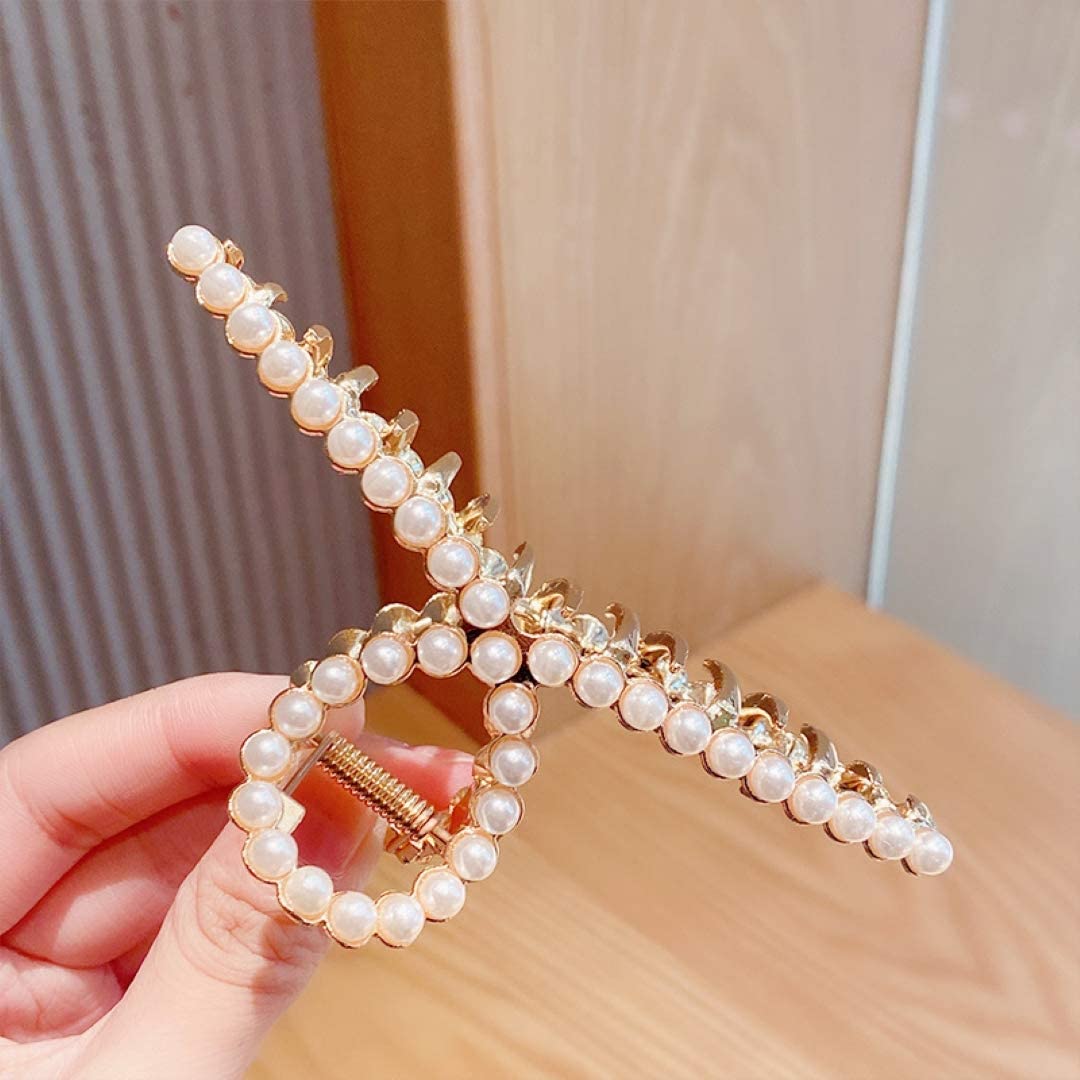 Pearl Hair Claw Clips For Women, Strong Hold Nonslip Threaded Metal Gold Barrette For Hair Styling, Thick/Thin Hair Accessories